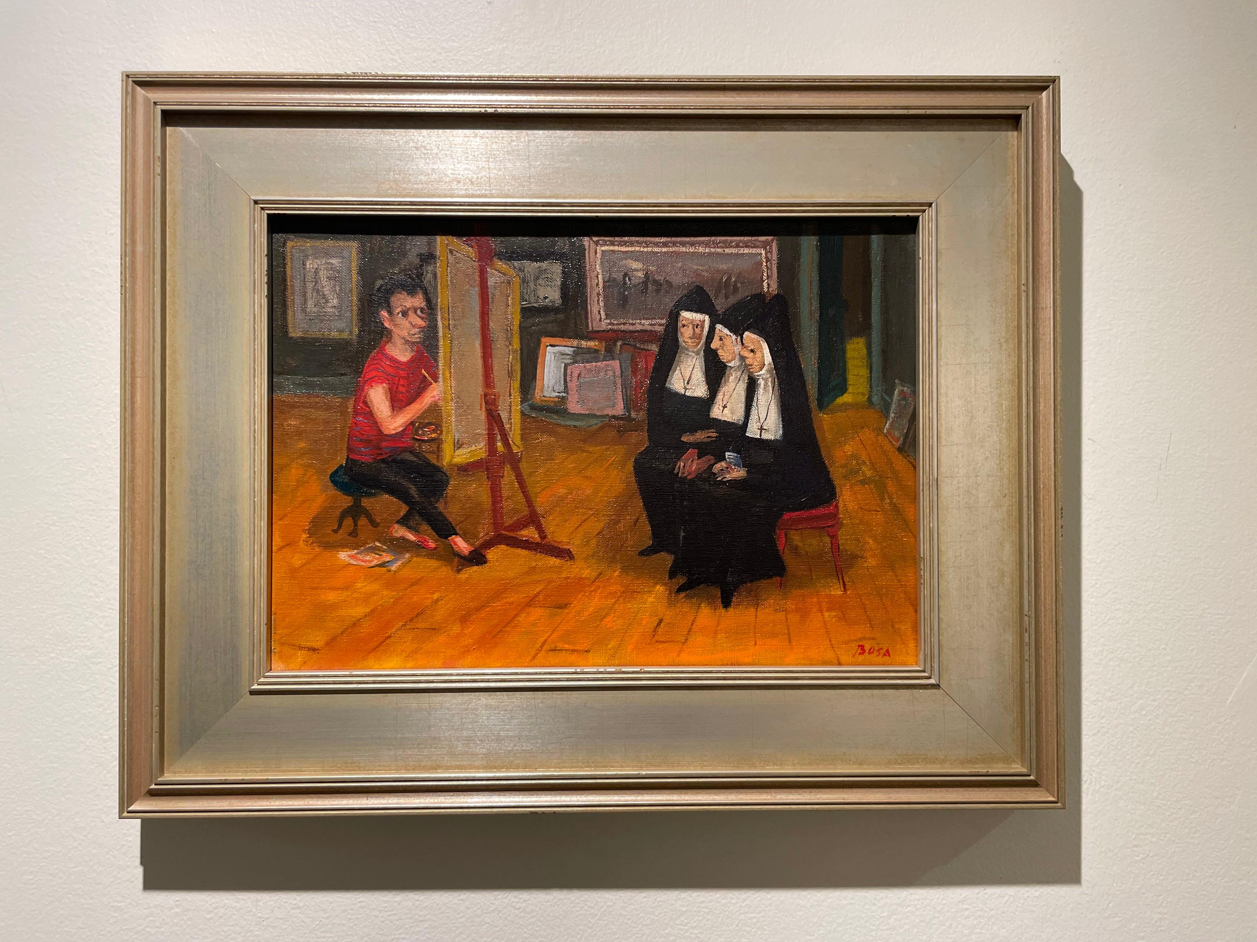 Nonnen in meinem Studio, Self-Portrait, italienisch-amerikanischer Künstler des 20. im Angebot 8