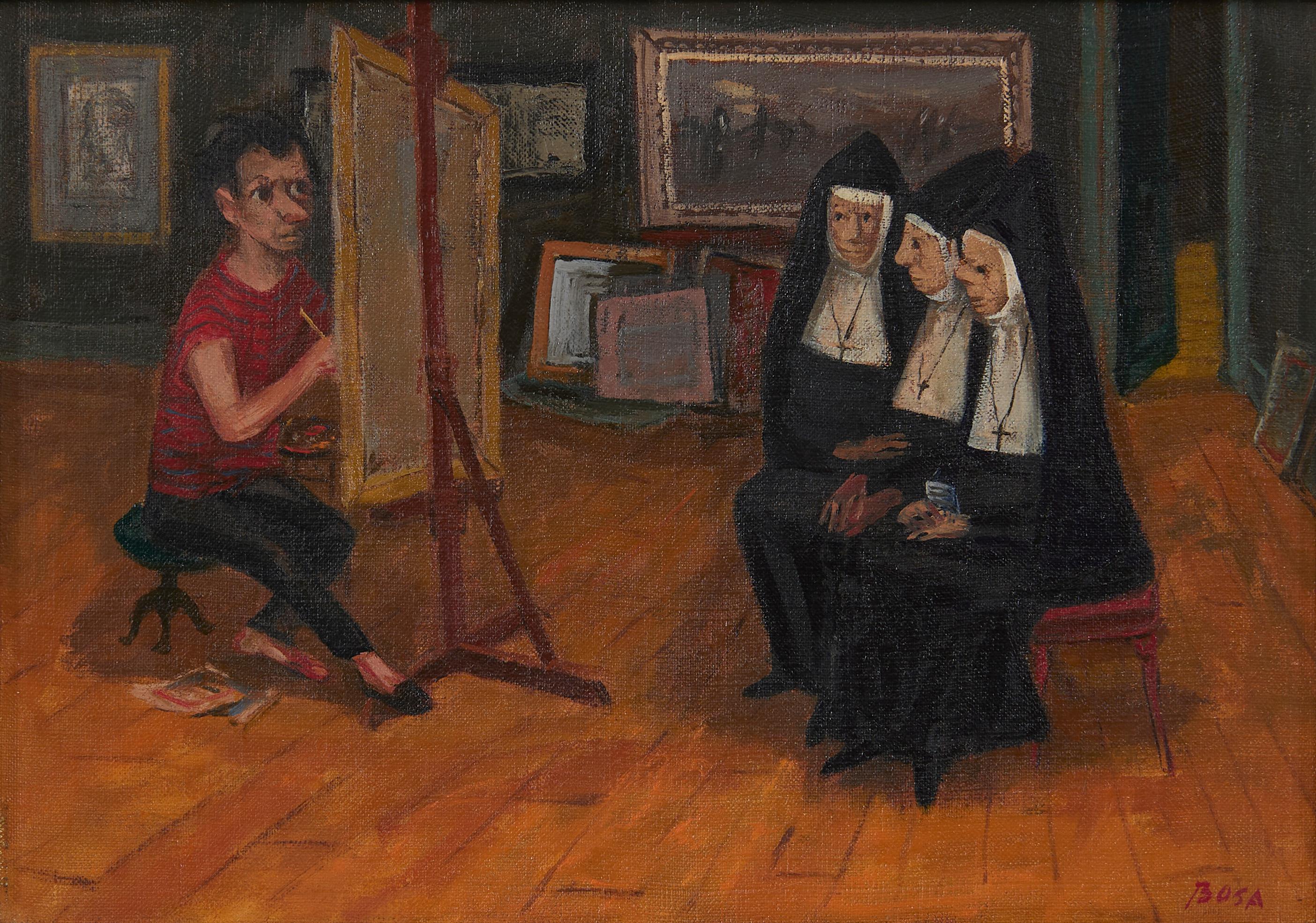 Nonnen in meinem Studio, Self-Portrait, italienisch-amerikanischer Künstler des 20. – Painting von Louis Bosa
