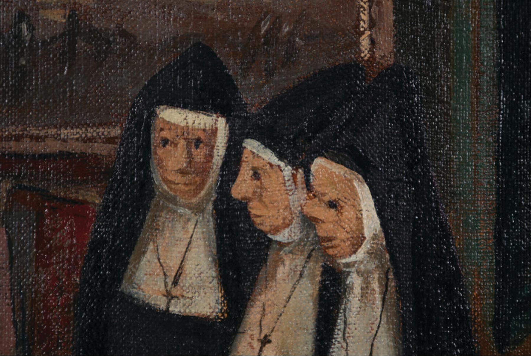Nonnen in meinem Studio, Self-Portrait, italienisch-amerikanischer Künstler des 20. (Braun), Interior Painting, von Louis Bosa