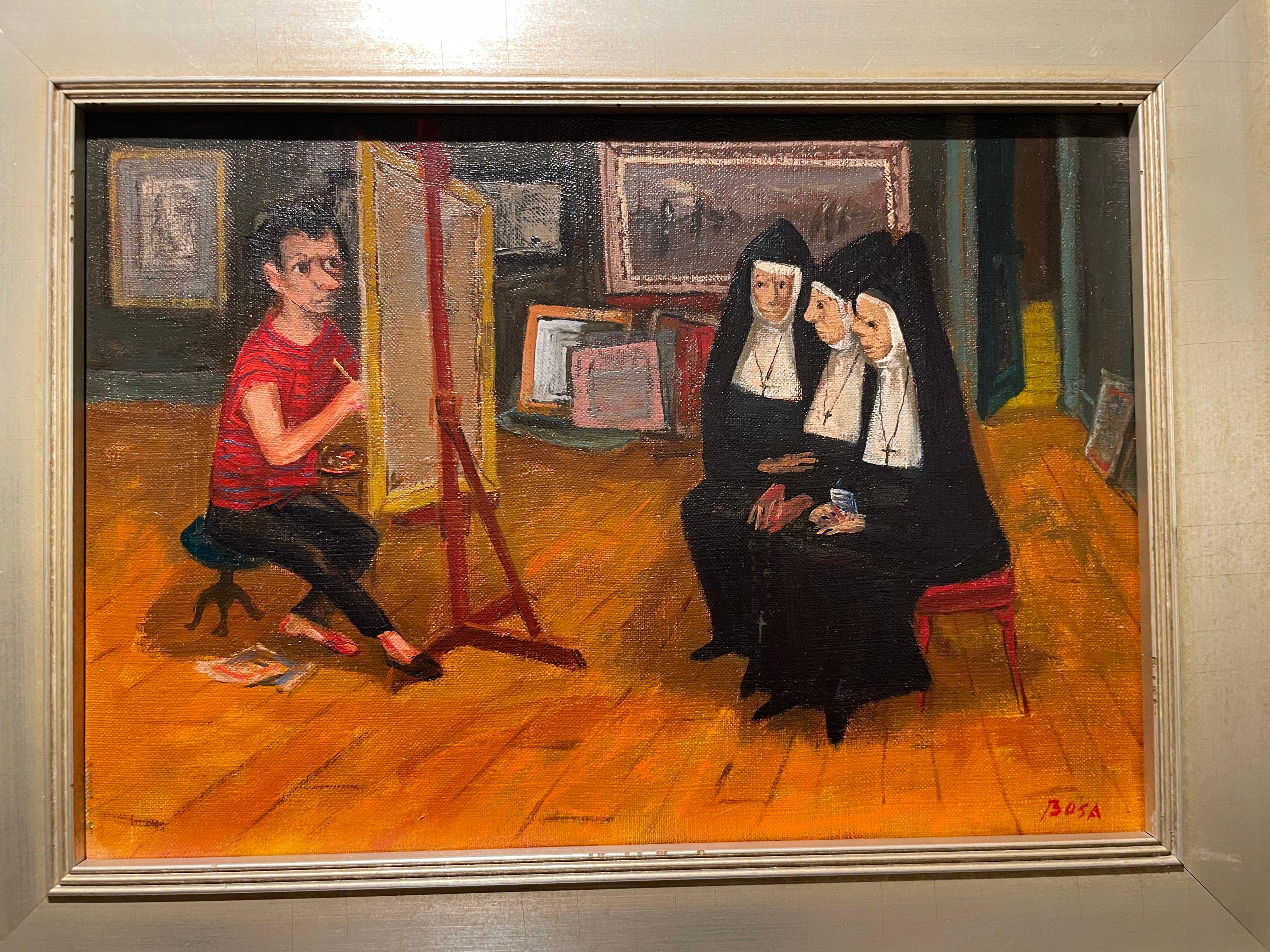 Nonnen in meinem Studio, Self-Portrait, italienisch-amerikanischer Künstler des 20. im Angebot 3