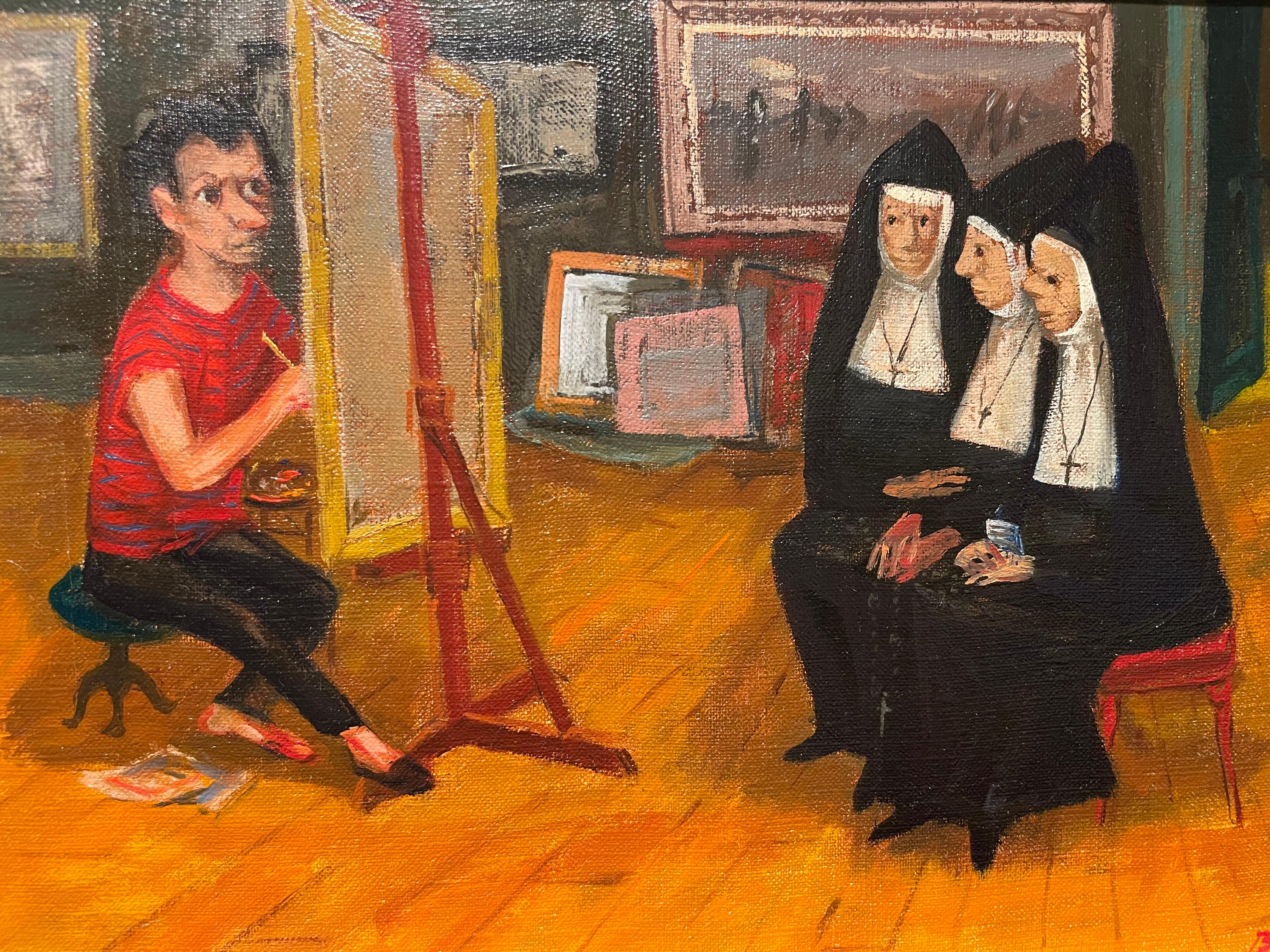 Nonnen in meinem Studio, Self-Portrait, italienisch-amerikanischer Künstler des 20. im Angebot 5