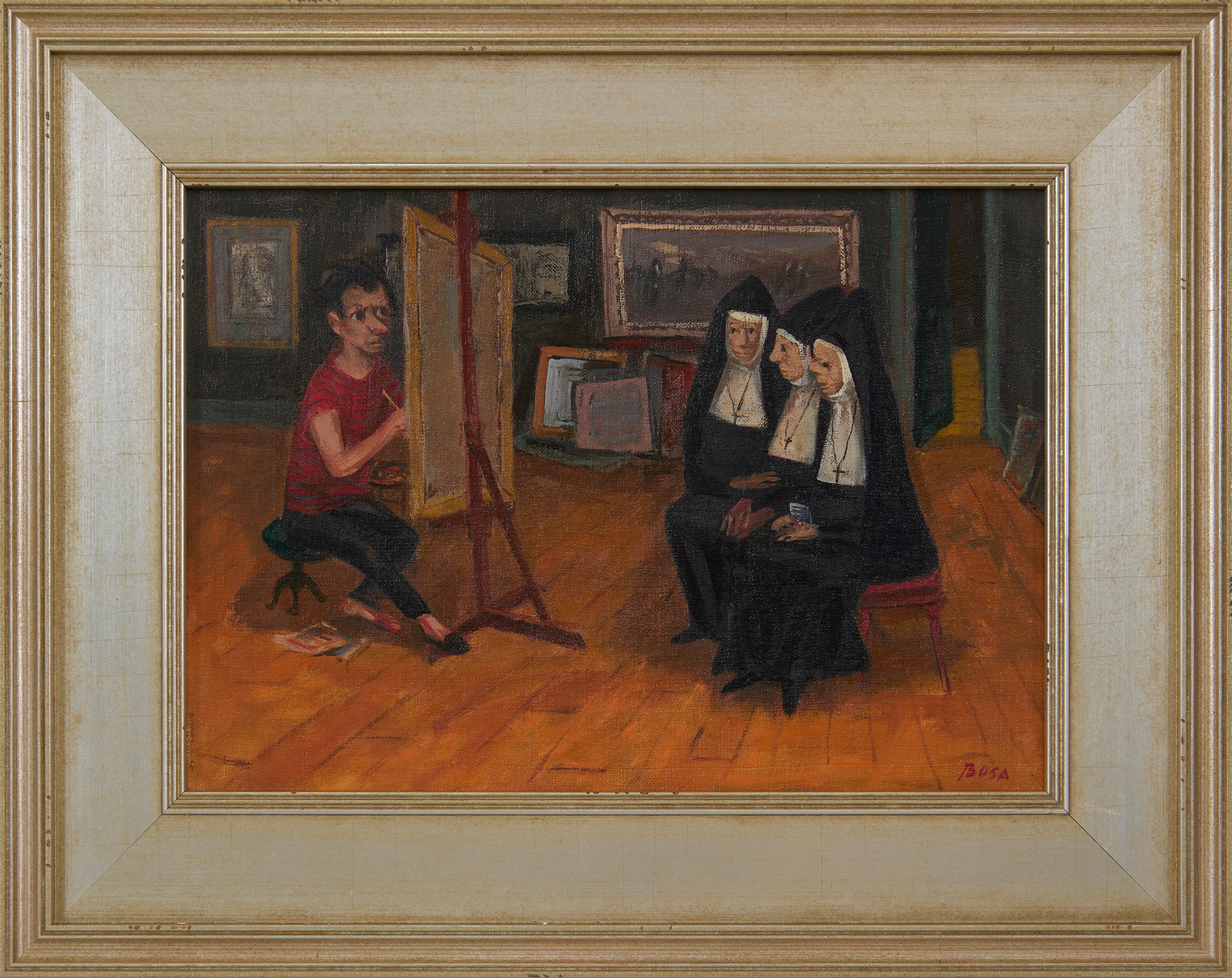 Louis Bosa Interior Painting – Nonnen in meinem Studio, Self-Portrait, italienisch-amerikanischer Künstler des 20.