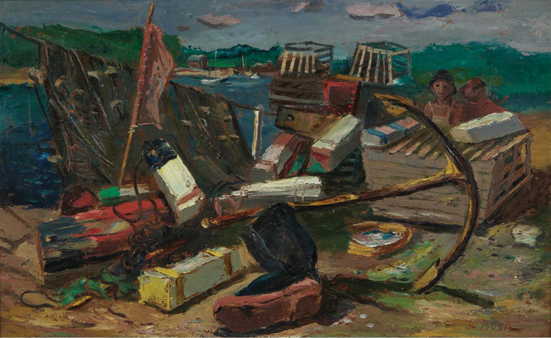 Louis Bosa (American, 1905, 1981)
Rockport , 1971
Oil on Masonite
Signed lower right, signed, dated and titled verso
10 x 16 inches
17 x 23 inches, framed

Born in Codroipo, a small village only a few miles from Venice, Italy in 1905, the son of a