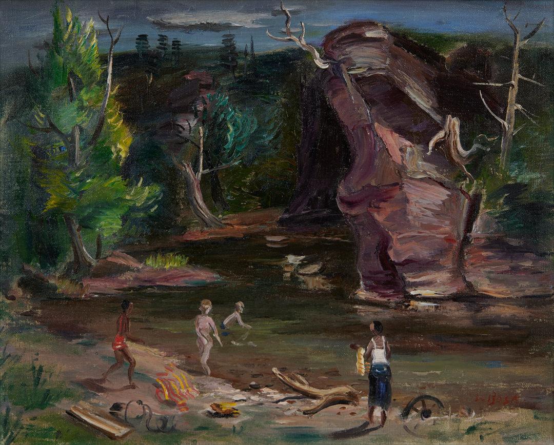 Cuivres pâles, paysage du 20e siècle, famille de nageurs, artiste italien - Painting de Louis Bosa