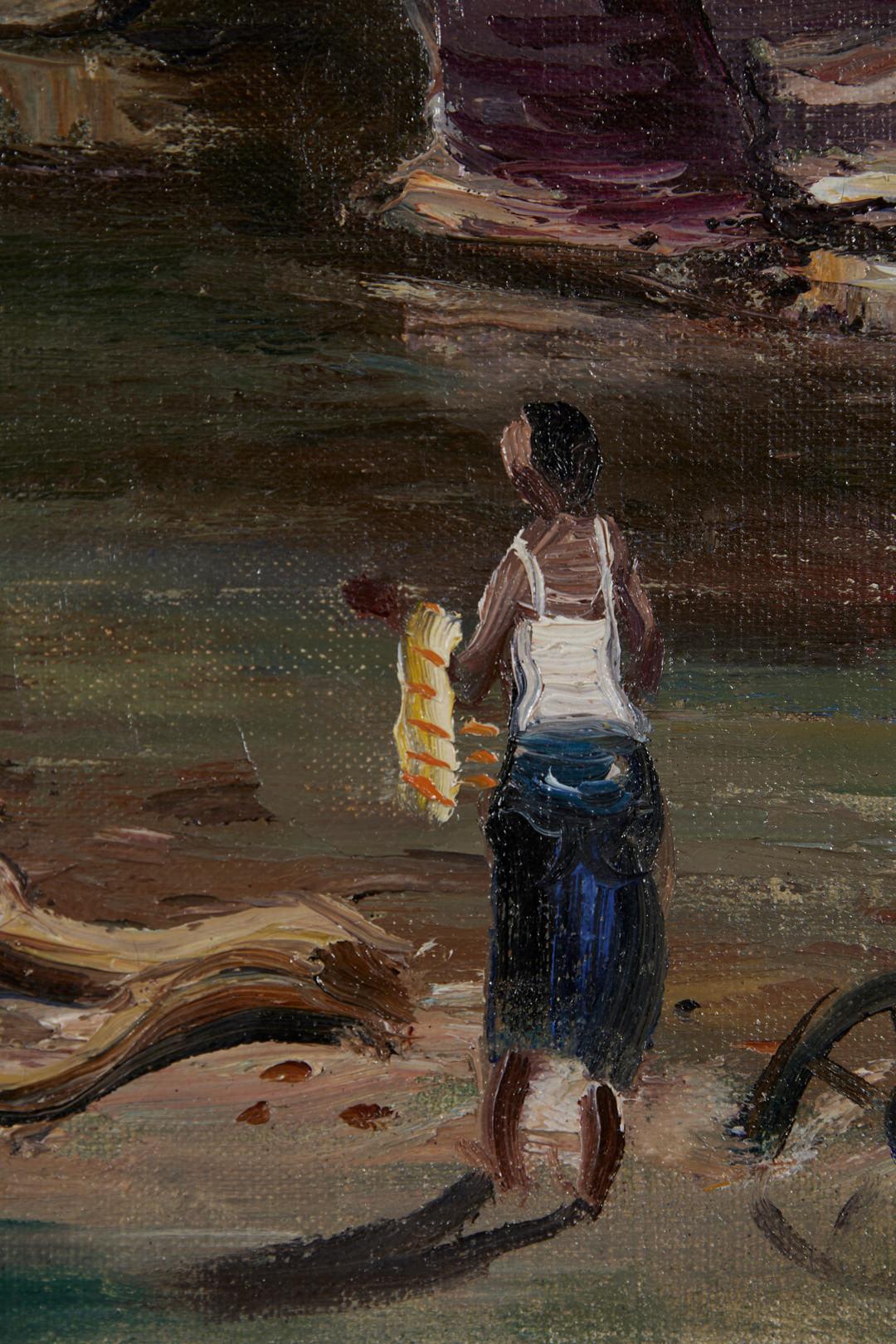 Cuivres pâles, paysage du 20e siècle, famille de nageurs, artiste italien - Gris Landscape Painting par Louis Bosa
