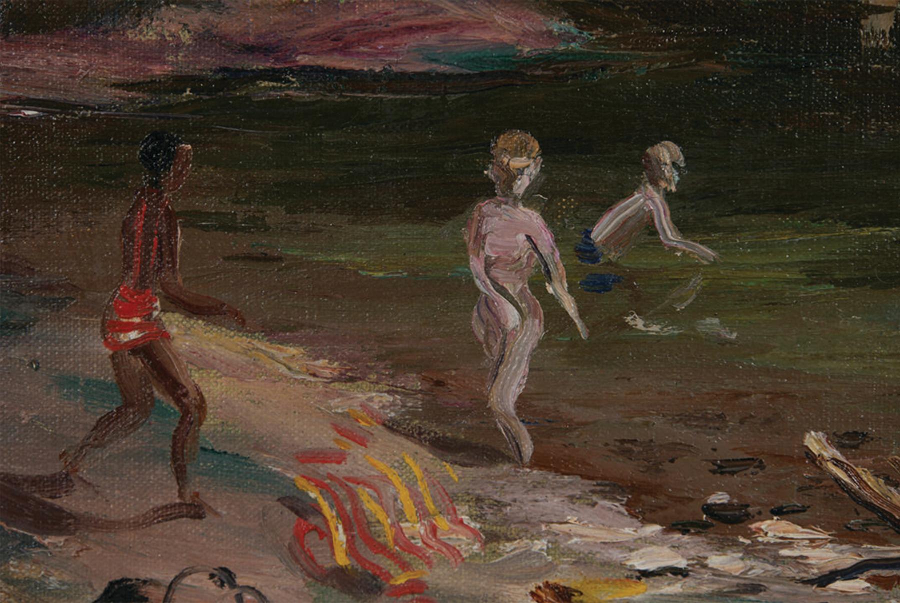 Cuivres pâles, paysage du 20e siècle, famille de nageurs, artiste italien en vente 2