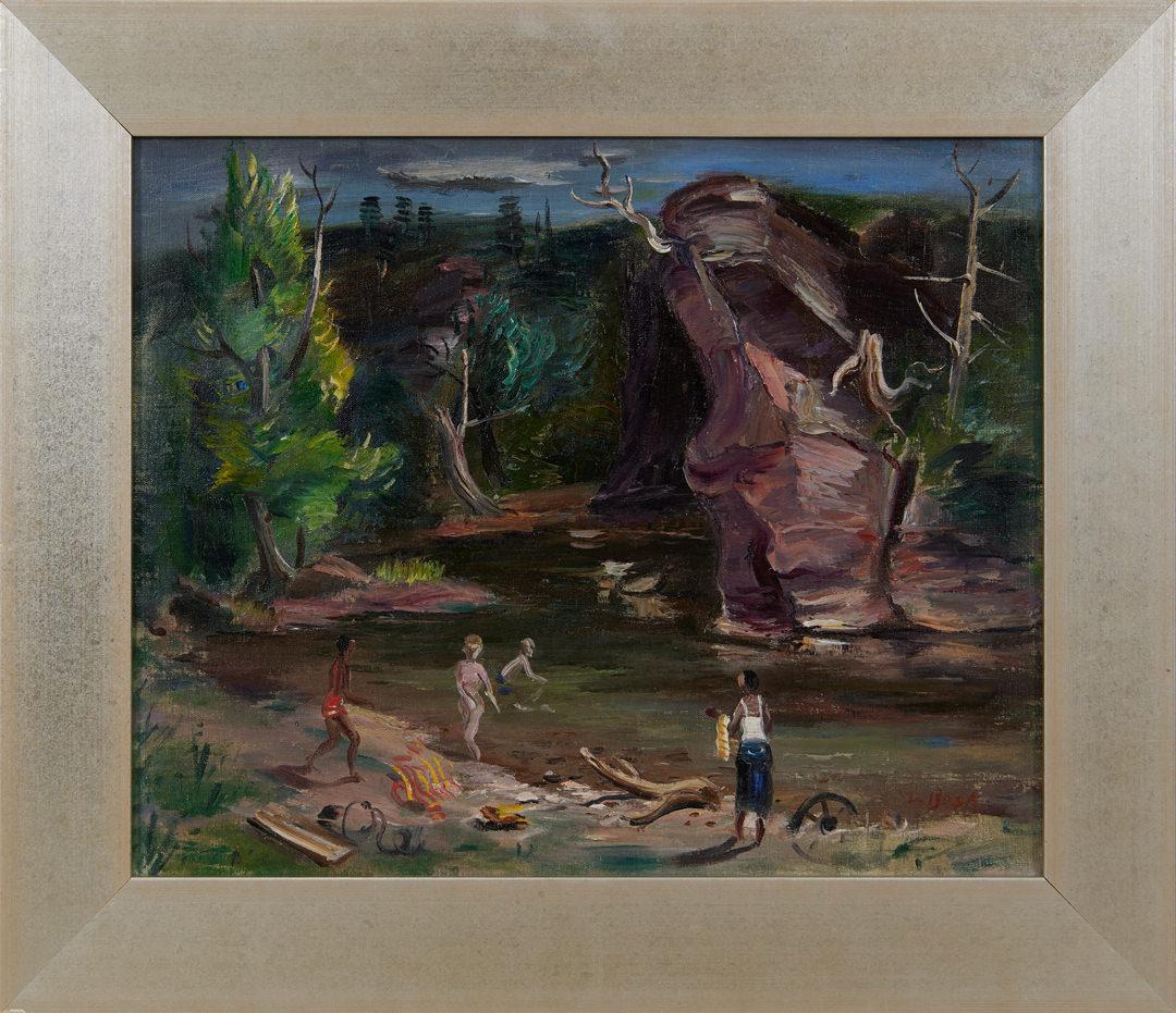 Landscape Painting Louis Bosa - Cuivres pâles, paysage du 20e siècle, famille de nageurs, artiste italien