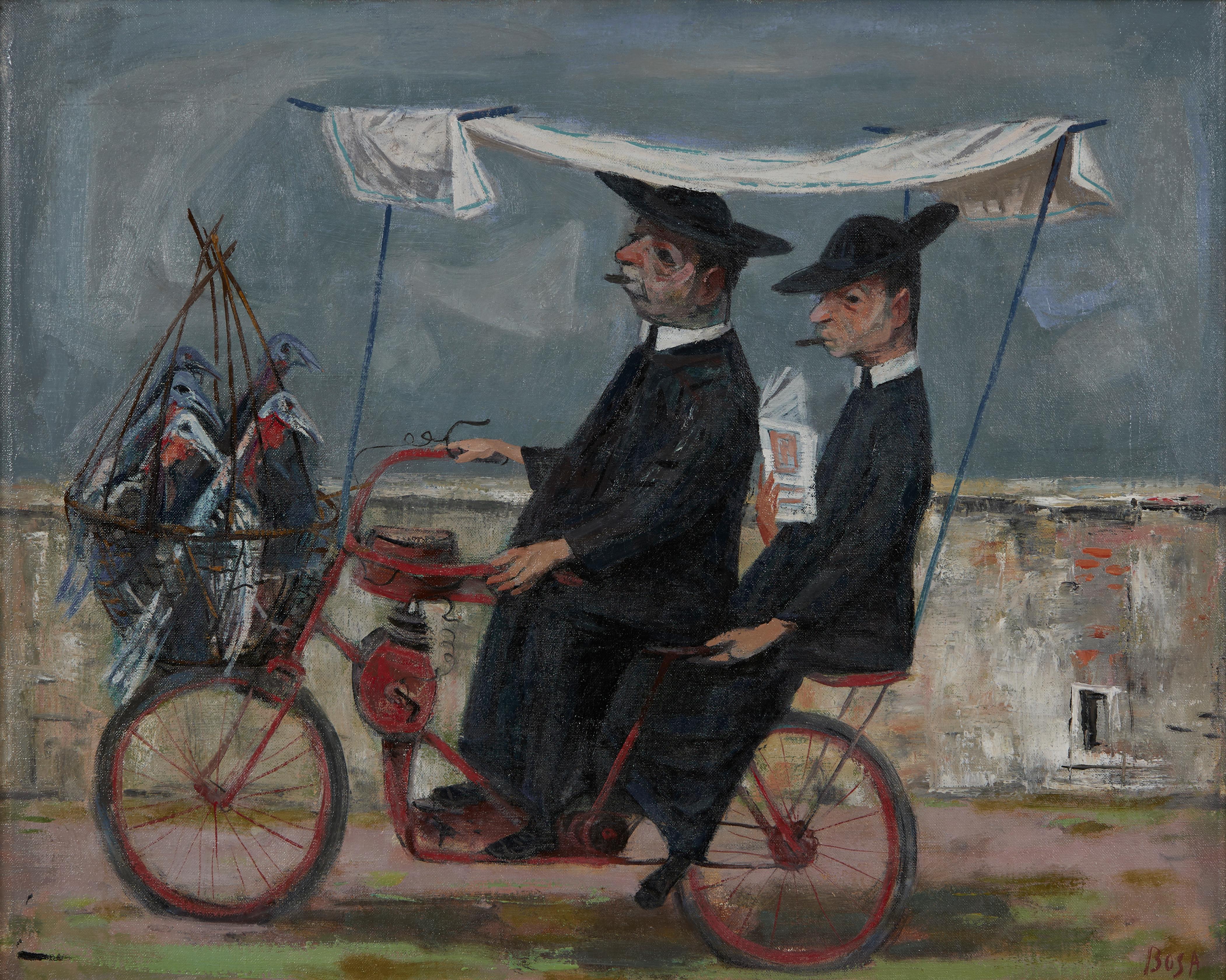 To Market, Two Italian Priests on Bicycle with Birds in Cage - Painting by Louis Bosa