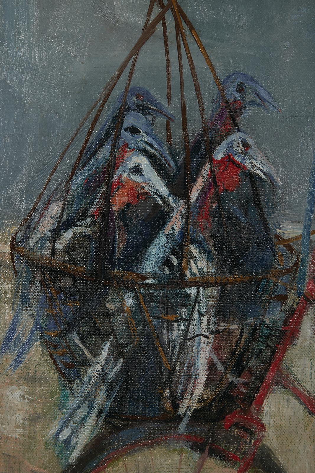 To Market, Two Italian Priests on Bicycle with Birds in Cage - Gray Landscape Painting by Louis Bosa