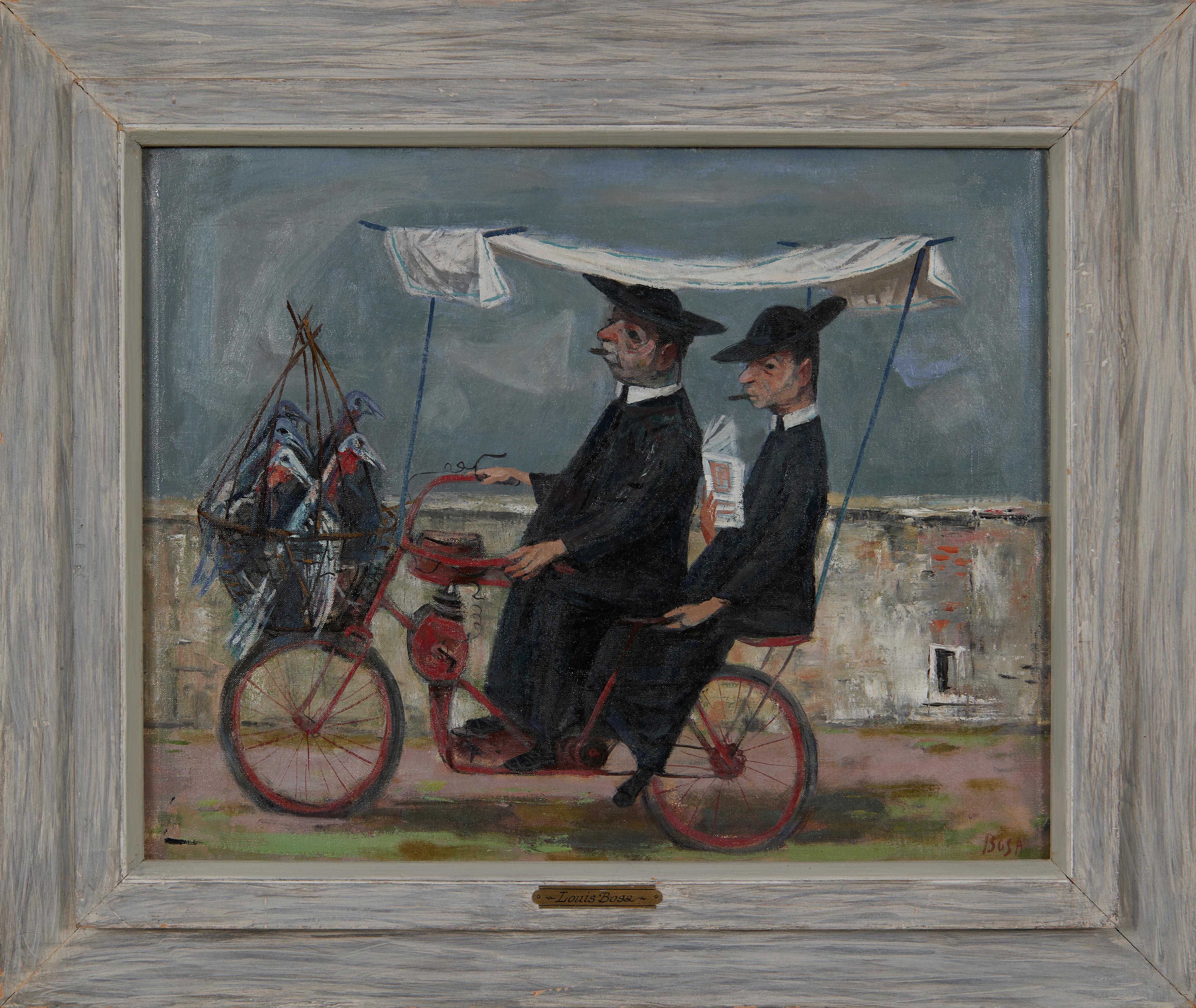 Louis Bosa Landscape Painting - To Market, Two Italian Priests on Bicycle with Birds in Cage