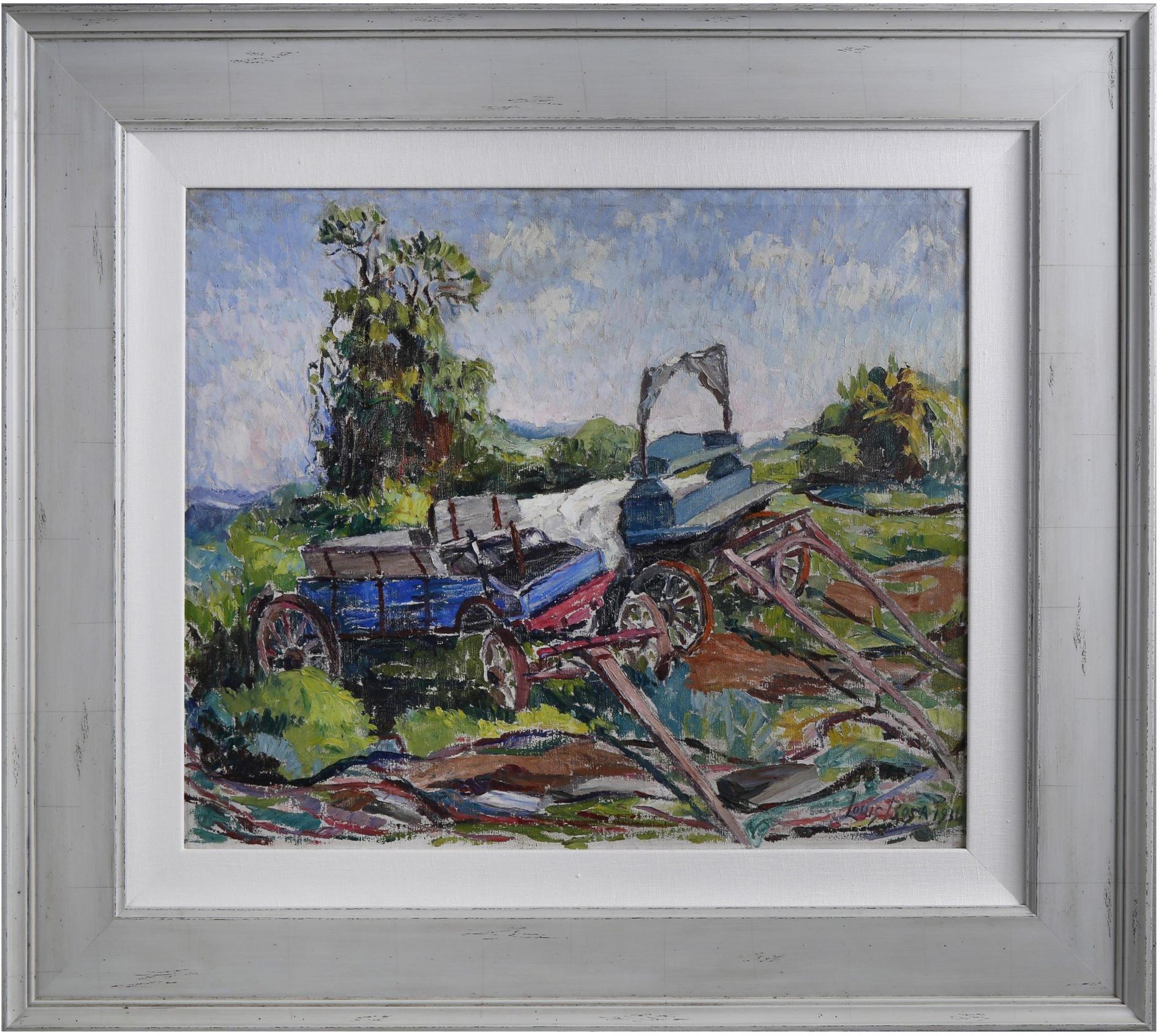 Two Wagons, Bucks County, PA 20th Century Farm Landscape - Expressionist Painting by Louis Bosa