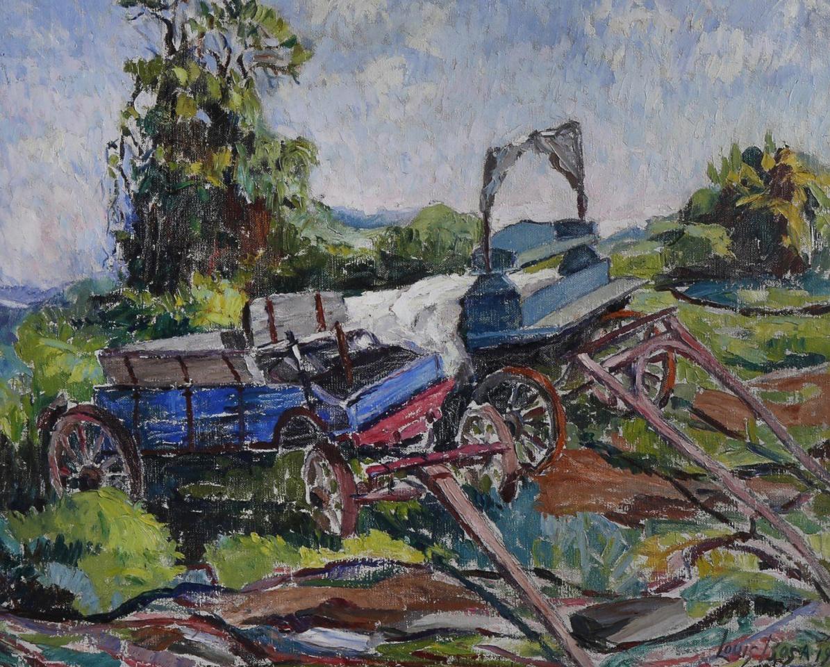 Louis Bosa (American, 1905–1981)
Two Wagons, Bucks County, PA, 1934
Oil on canvas
Signed and dated lower right
20 x 24 inches
30 x 34 inches, framed

Born in Codroipo, a small village only a few miles from Venice, Italy in 1905, the son of a