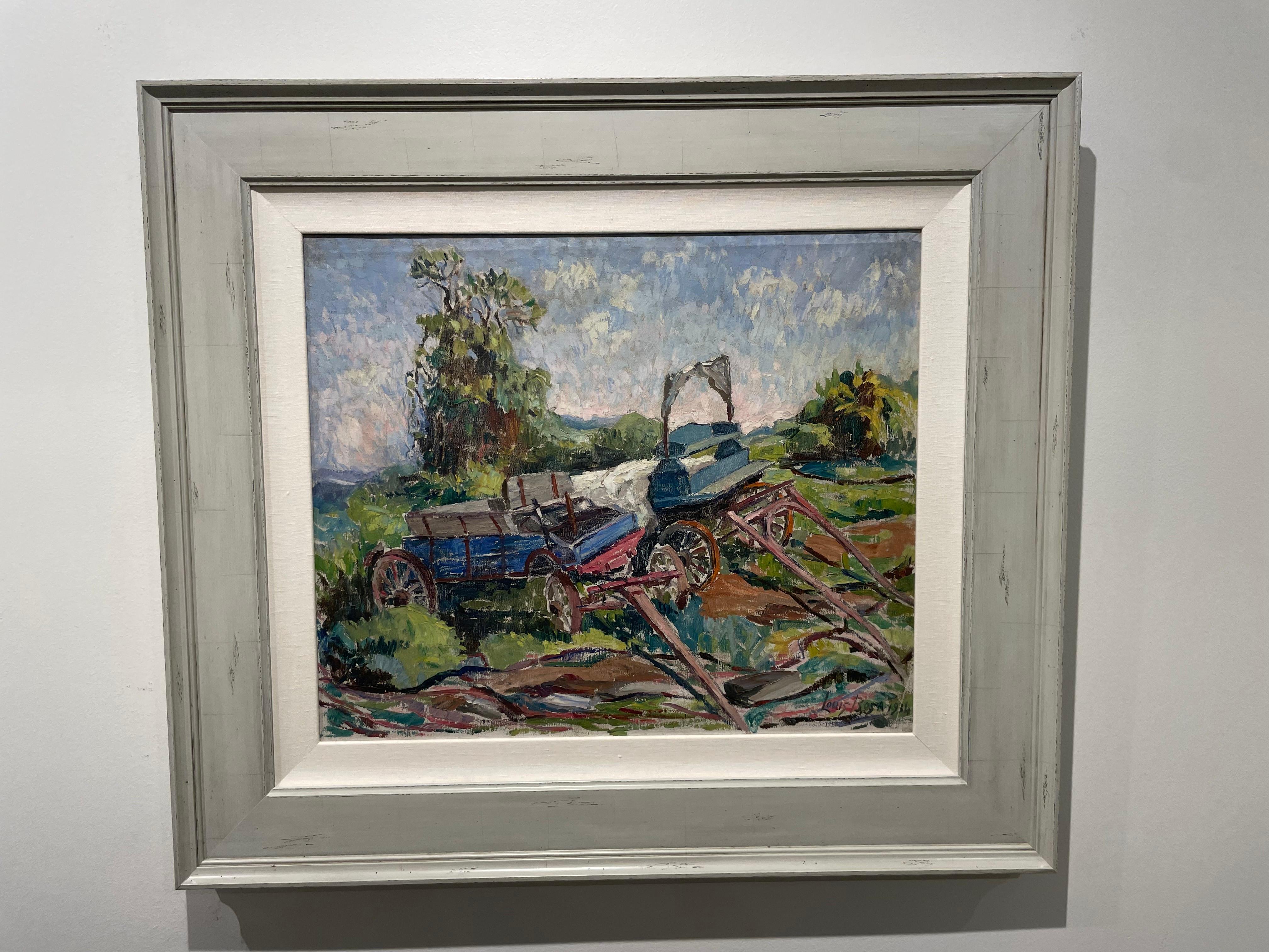 Louis Bosa (American, 1905–1981)
Two Wagons, Bucks County, PA, 1934
Oil on canvas
Signed and dated lower right
20 x 24 inches
30 x 34 inches, framed

Born in Codroipo, a small village only a few miles from Venice, Italy in 1905, the son of a