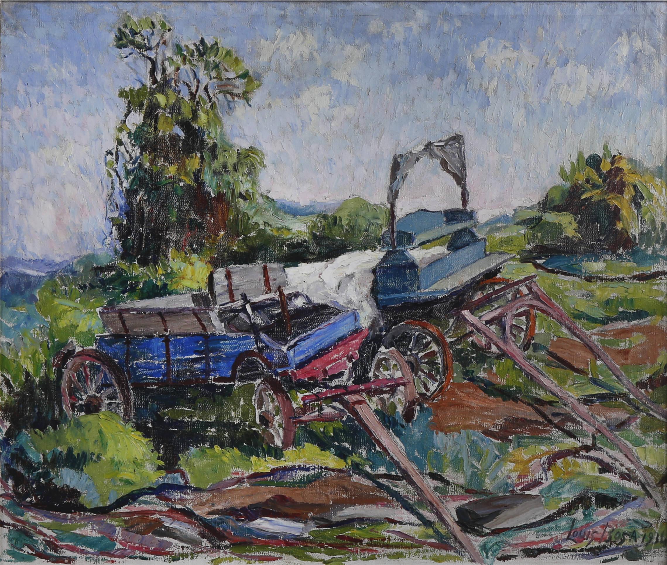Louis Bosa Figurative Painting – Zwei Wagons, Bucks County, PA, Bauernlandschaft des 20. Jahrhunderts