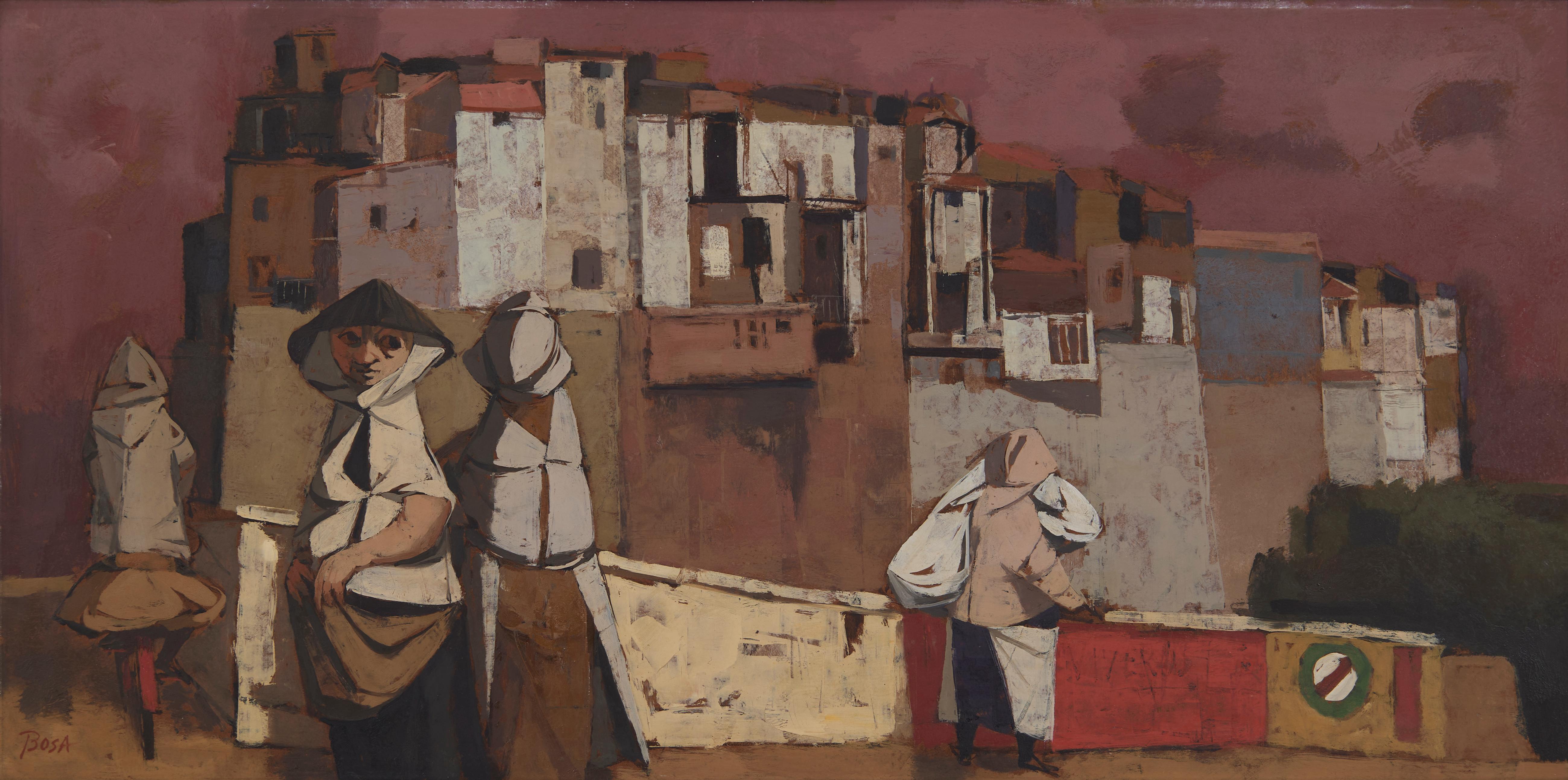 Townes, 20e siècle Scène de rue européenne, paysage urbain italien - Painting de Louis Bosa