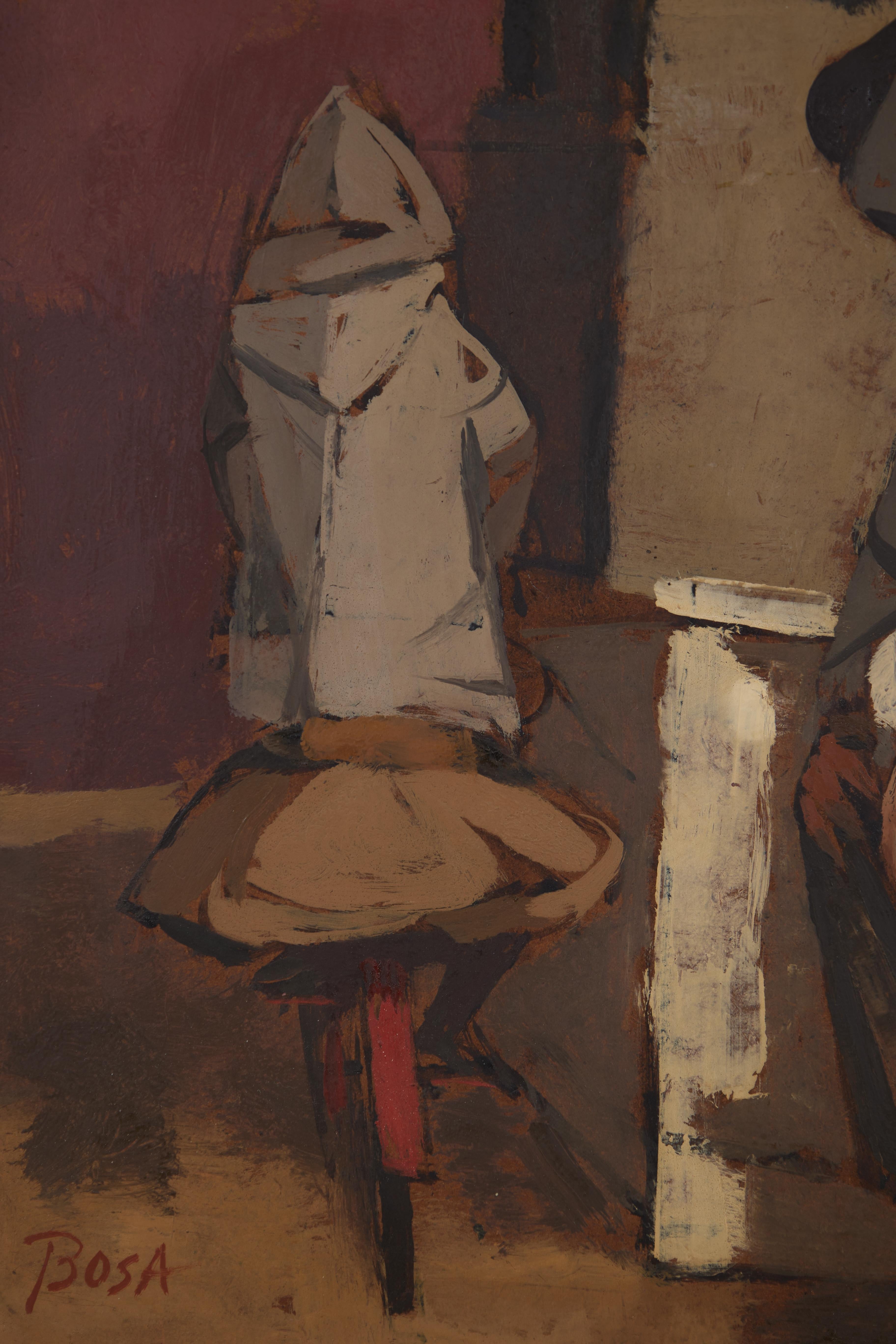 Louis Bosa (américain, 1905-1981)
Viveros
Huile sur masonite
Signé en bas à gauche et au verso
17.75 x 35.5 pouces
25.75 x 43.75 pouces, encadré

Fils d'un tailleur de pierre, il est né en 1905 à Codroipo, un petit village situé à quelques