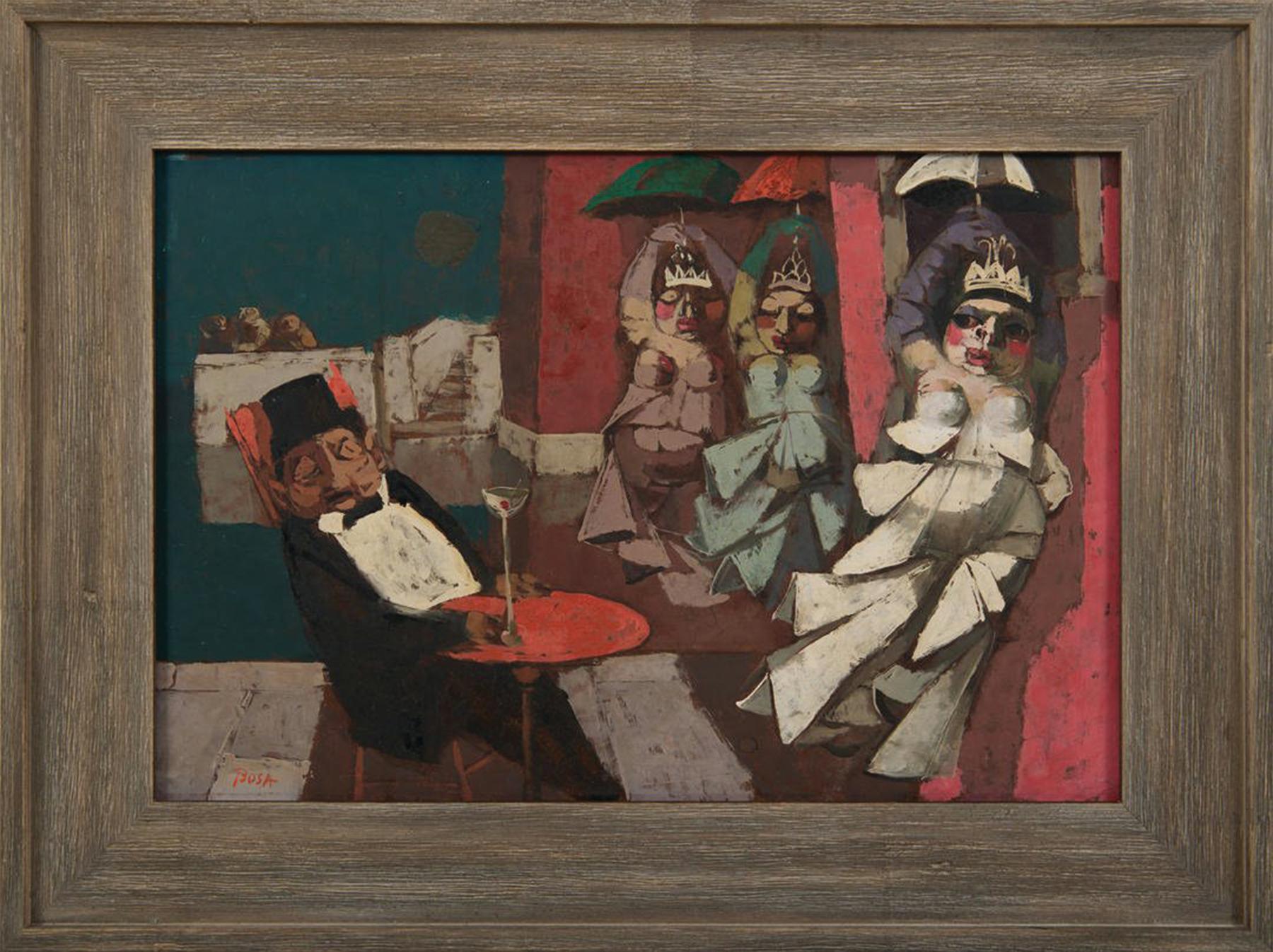 Louis Bosa (americano, 1905, 1981)
What a Lovely Dream, c. 1965
Olio su tavola
Firmato in basso a sinistra
11,5 x 17 pollici
17 x 22,5 pollici, incorniciato

Nasce a Codroipo, un piccolo paese a pochi chilometri da Venezia, nel 1905, figlio di uno