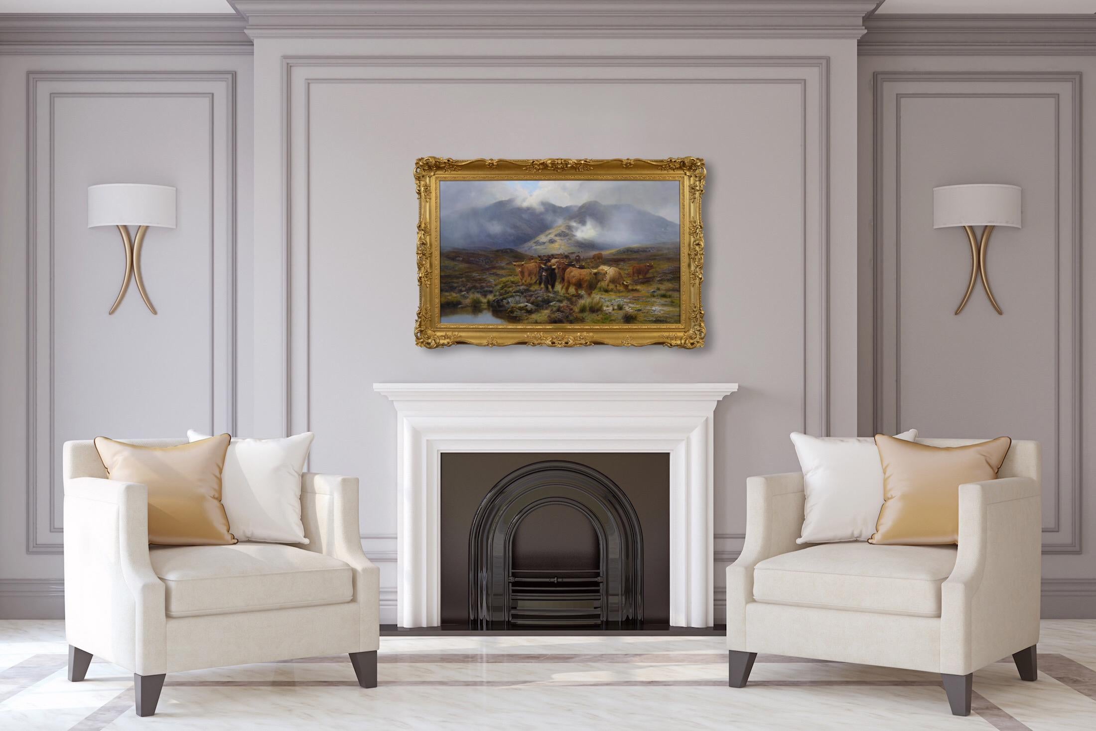 Peinture à l'huile du 19e siècle représentant un paysage avec des animaux du Highland Cattle on a moor en vente 6