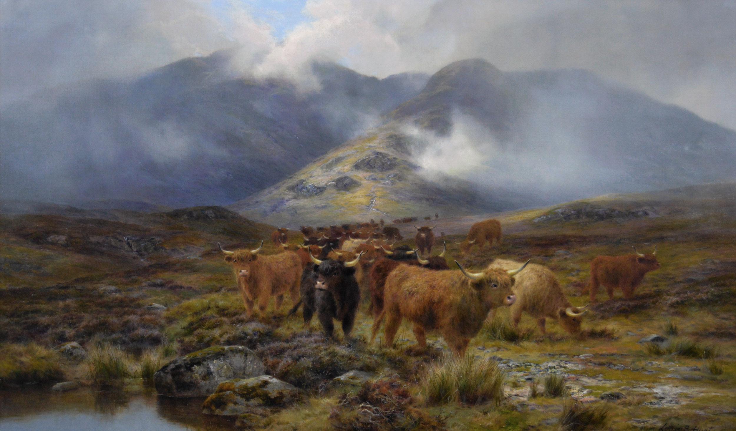 Peinture à l'huile du 19e siècle représentant un paysage avec des animaux du Highland Cattle on a moor - Painting de Louis Bosworth Hurt