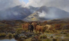 Pintura al óleo de animales de paisaje del siglo XIX de Ganado de las Tierras Altas en un páramo
