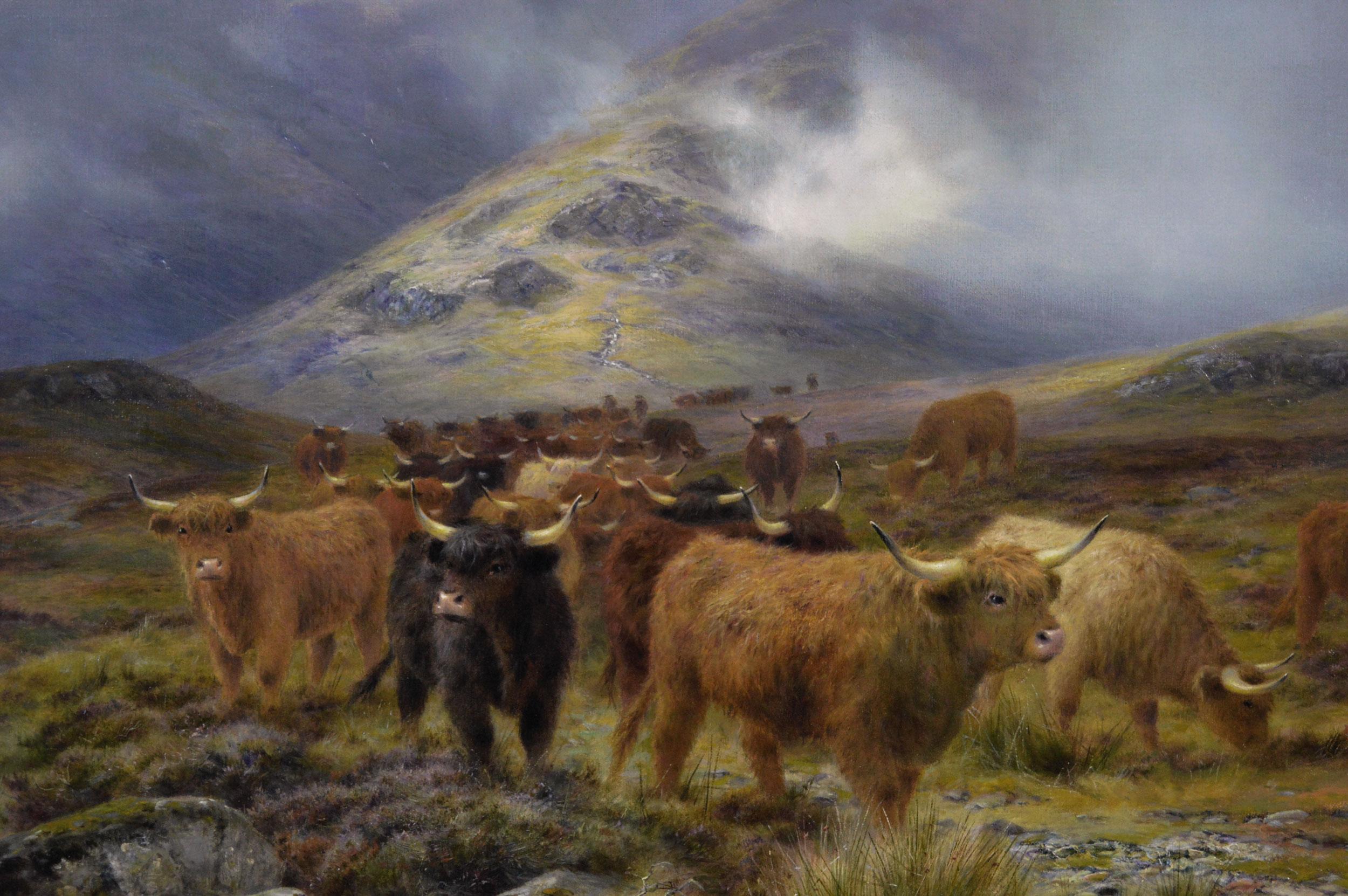 Peinture à l'huile du 19e siècle représentant un paysage avec des animaux du Highland Cattle on a moor - Victorien Painting par Louis Bosworth Hurt