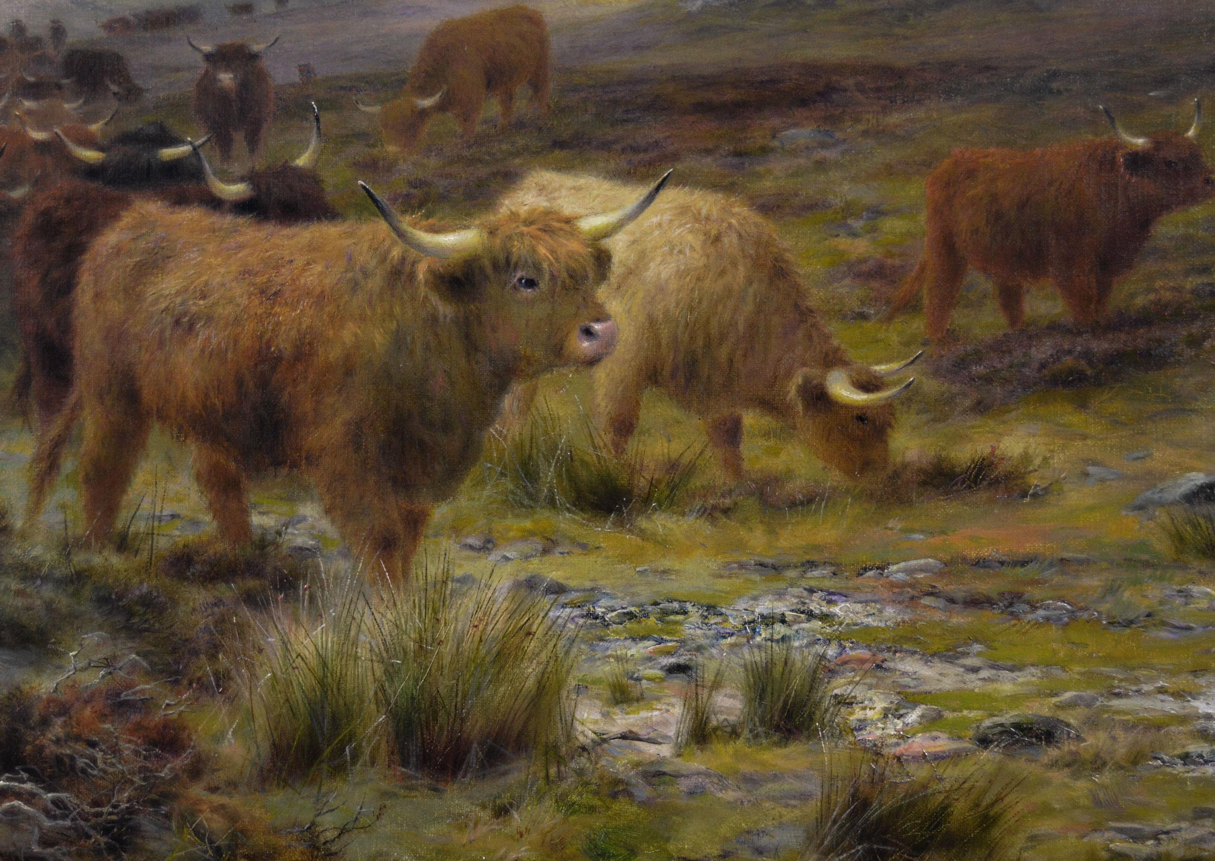 Peinture à l'huile du 19e siècle représentant un paysage avec des animaux du Highland Cattle on a moor - Marron Landscape Painting par Louis Bosworth Hurt