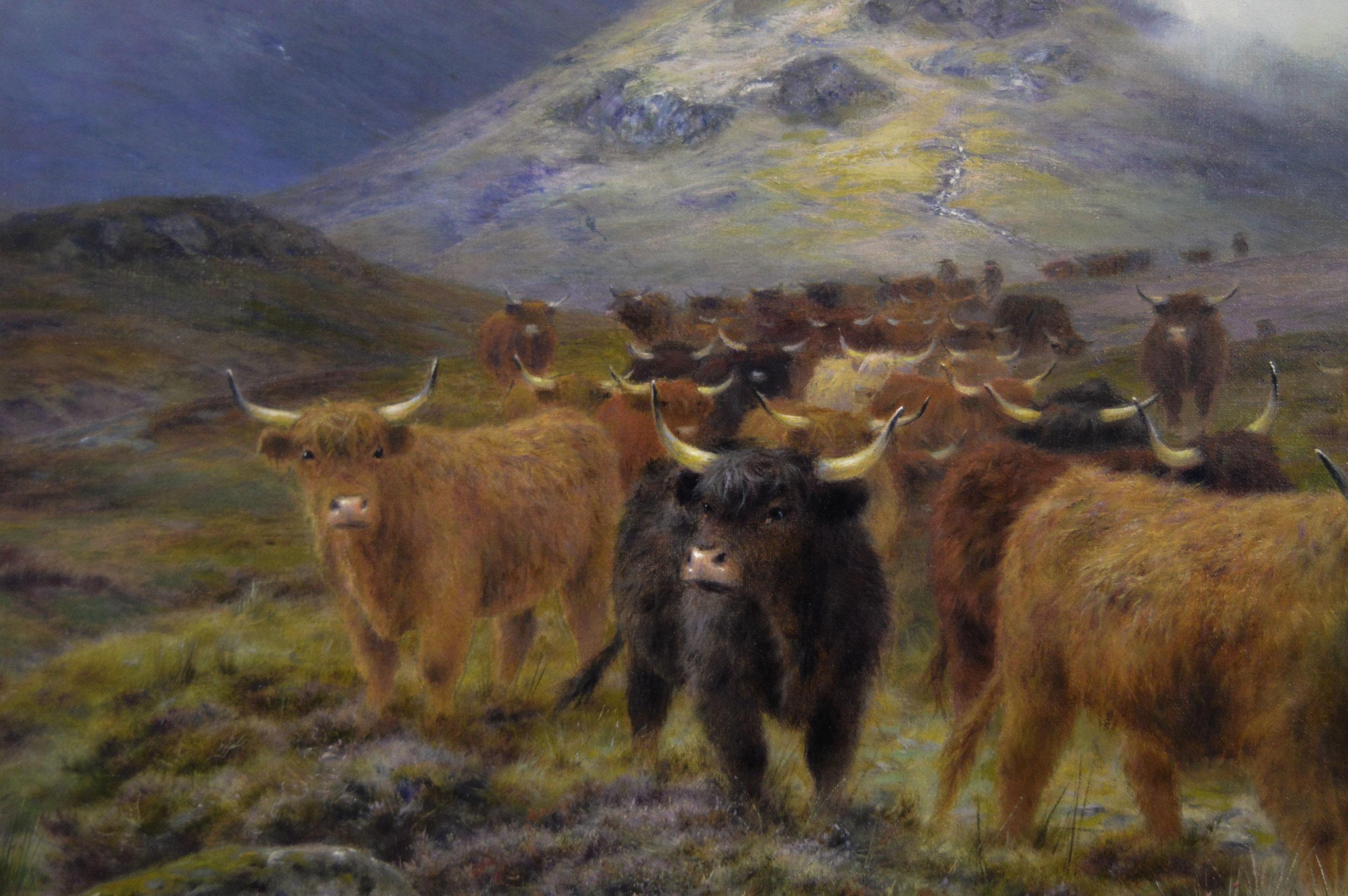 19th Century landscape animal oil painting of Highland Cattle on a moor - Brown Landscape Painting by Louis Bosworth Hurt