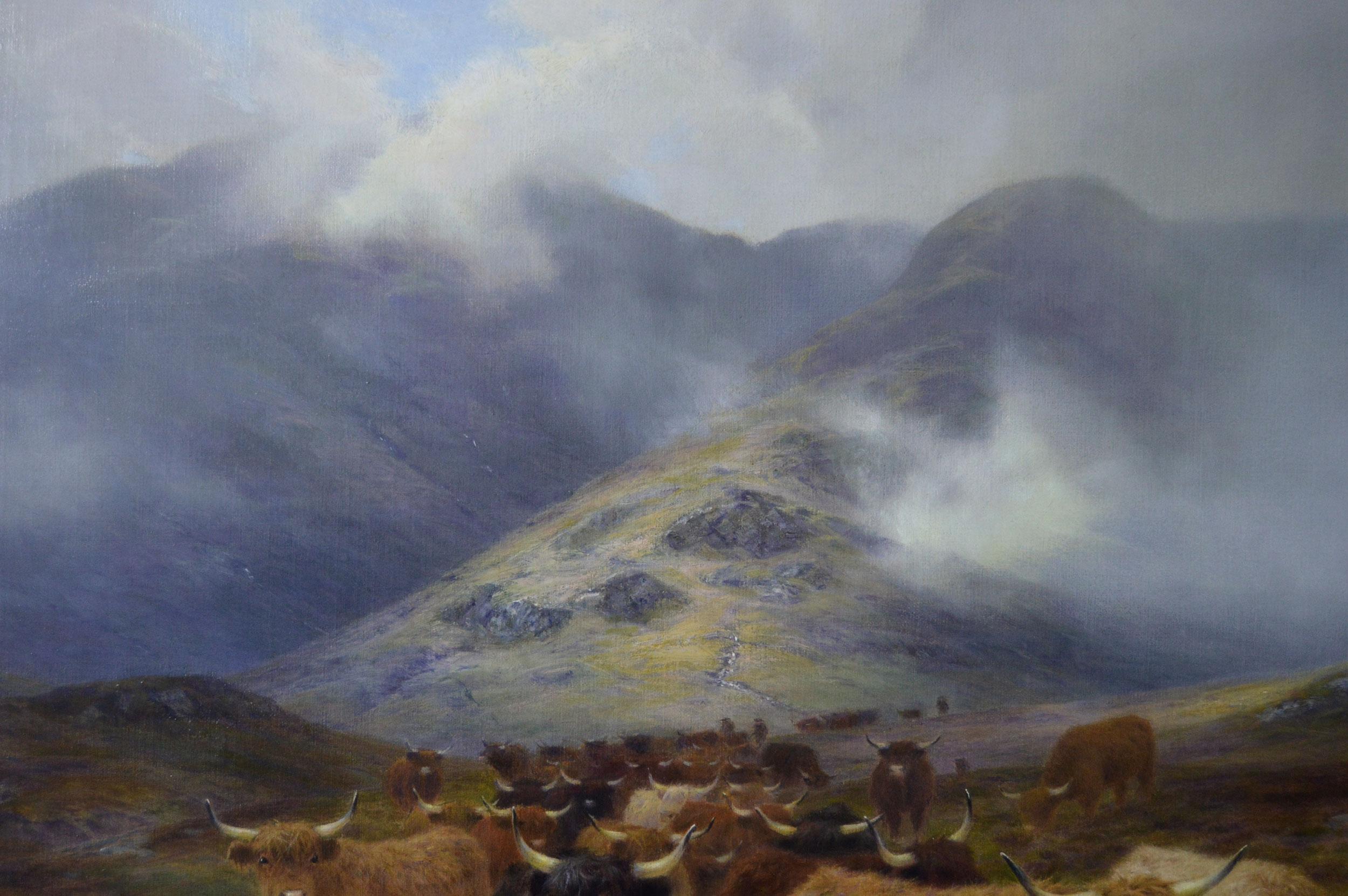 Paesaggio del XIX secolo, dipinto a olio con bovini delle Highlands in una brughiera in vendita 1