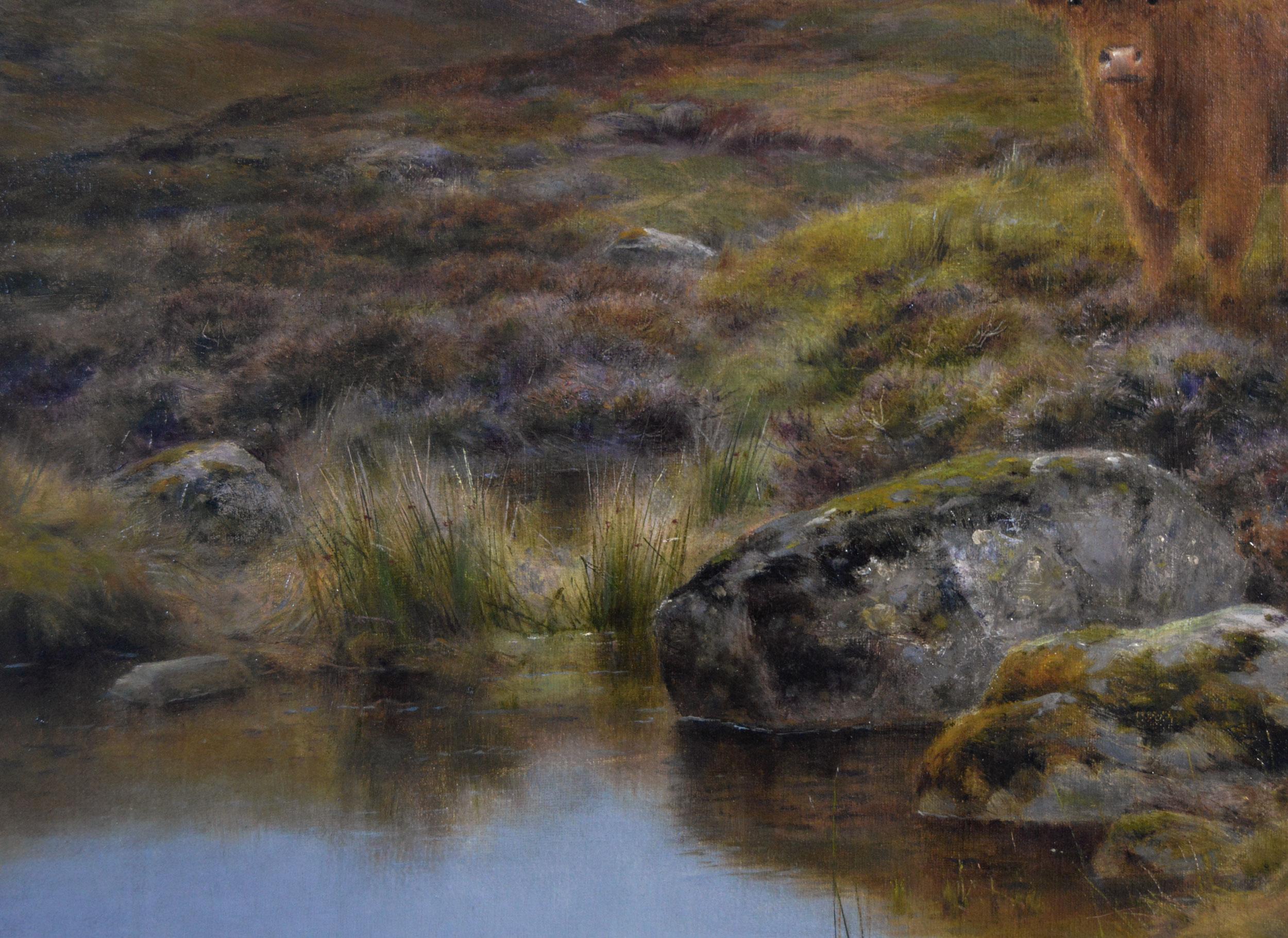 19th Century landscape animal oil painting of Highland Cattle on a moor For Sale 1