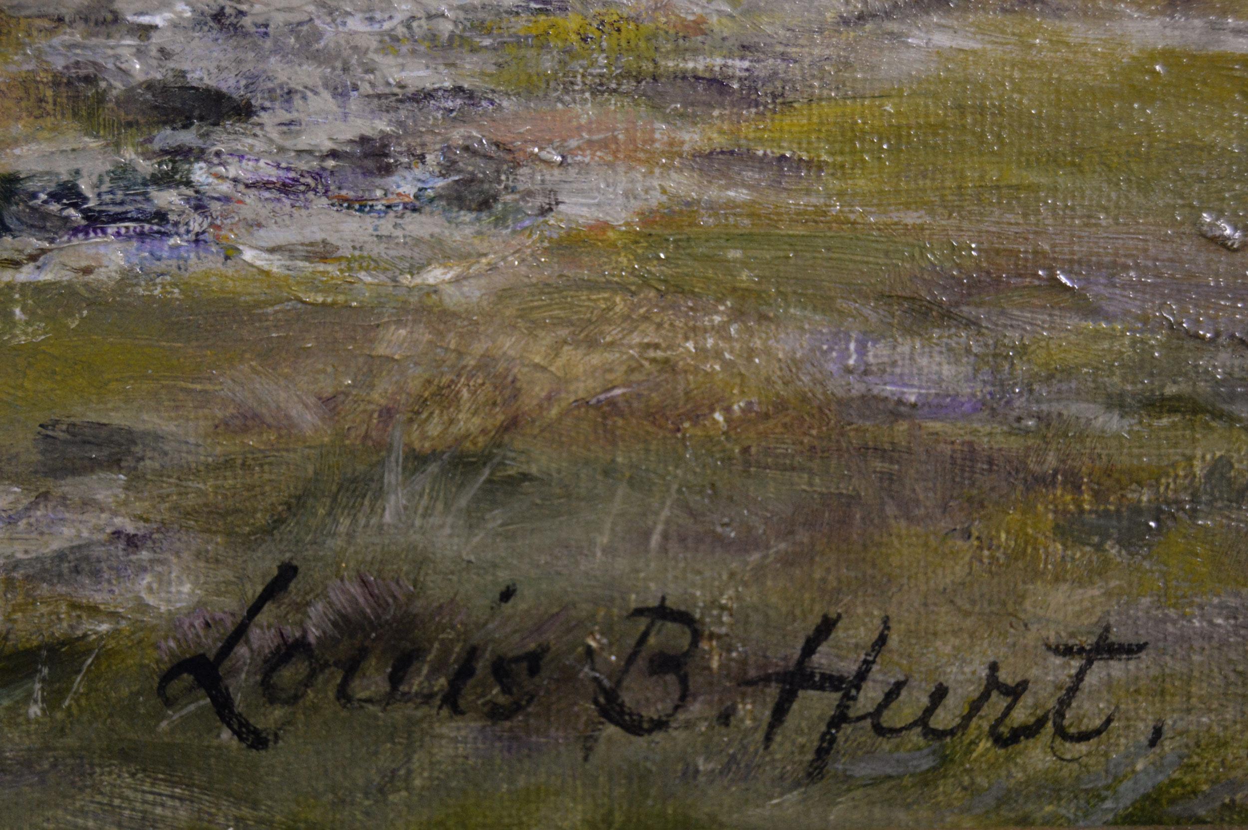 Louis Bosworth Hurt
British, (1856-1929)
Crossing the Moorland
Oil on canvas, signed & inscribed with title in pencil on the stretcher
Image size: 23.5 inches x 39.25 inches 
Size including frame: 31 inches x 46.75 inches

A highly atmospheric