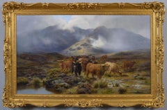 Peinture à l'huile du 19e siècle représentant un paysage avec des animaux du Highland Cattle on a moor