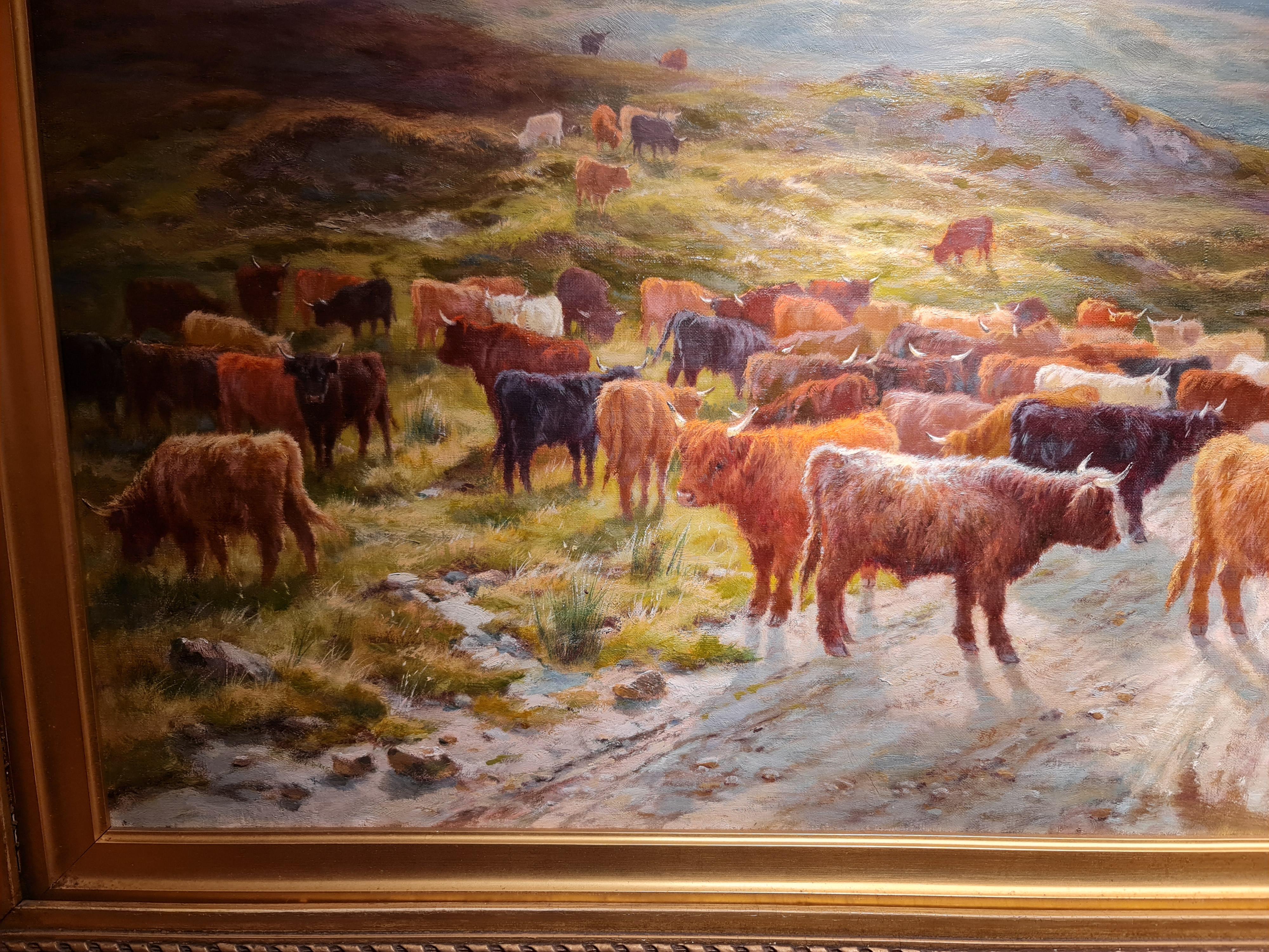 Highland Pastures
by Louis Bosworth Hurt
British 1856-1929

Oil on canvas
Canvas size: 24 x 36 inches
Framed size: 36.25 x 48 inches

Signed and dated lower right