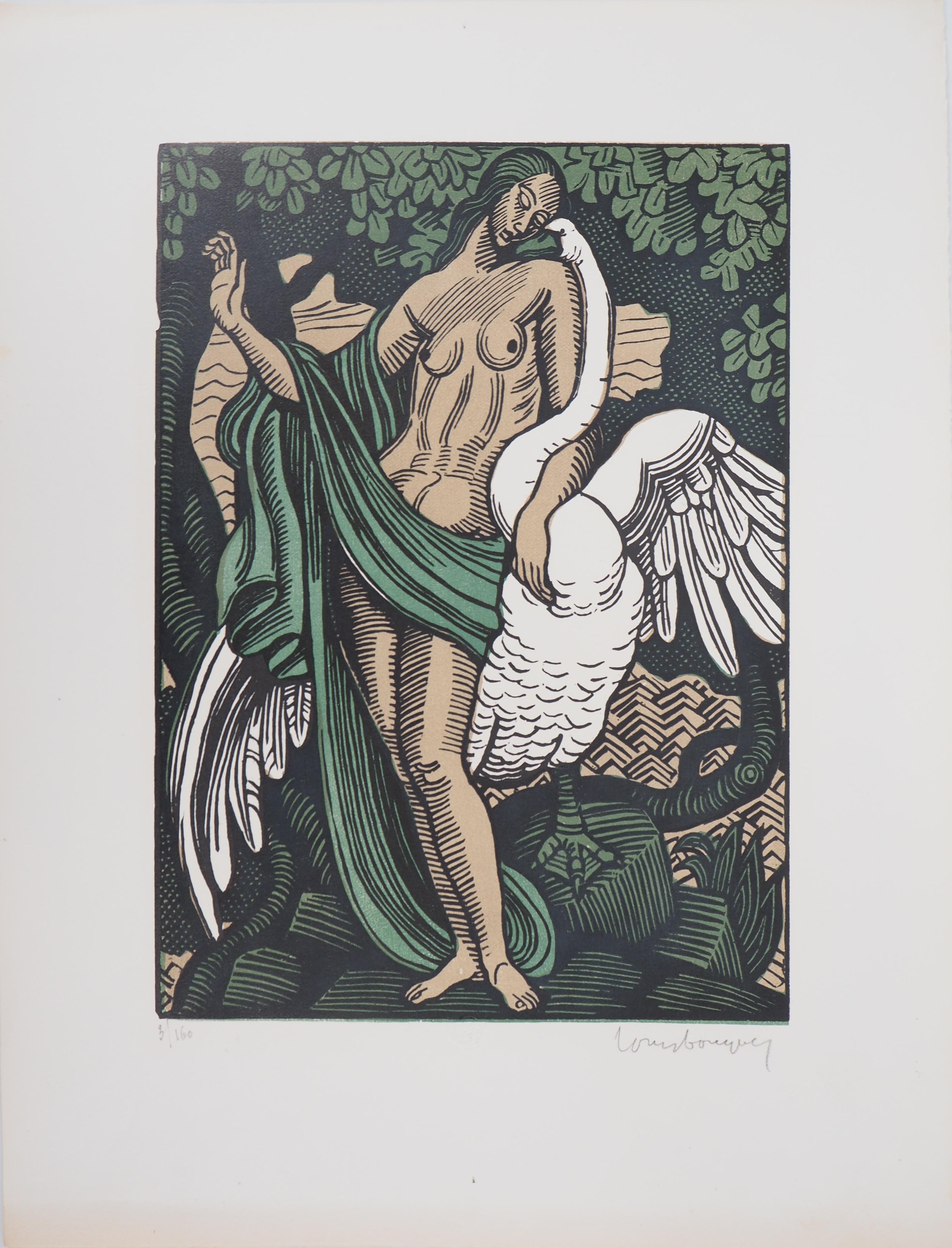 Mythology : Leda and the Swann - Original wooodcut, Handsigned & Numbered - Print by Louis Bouquet