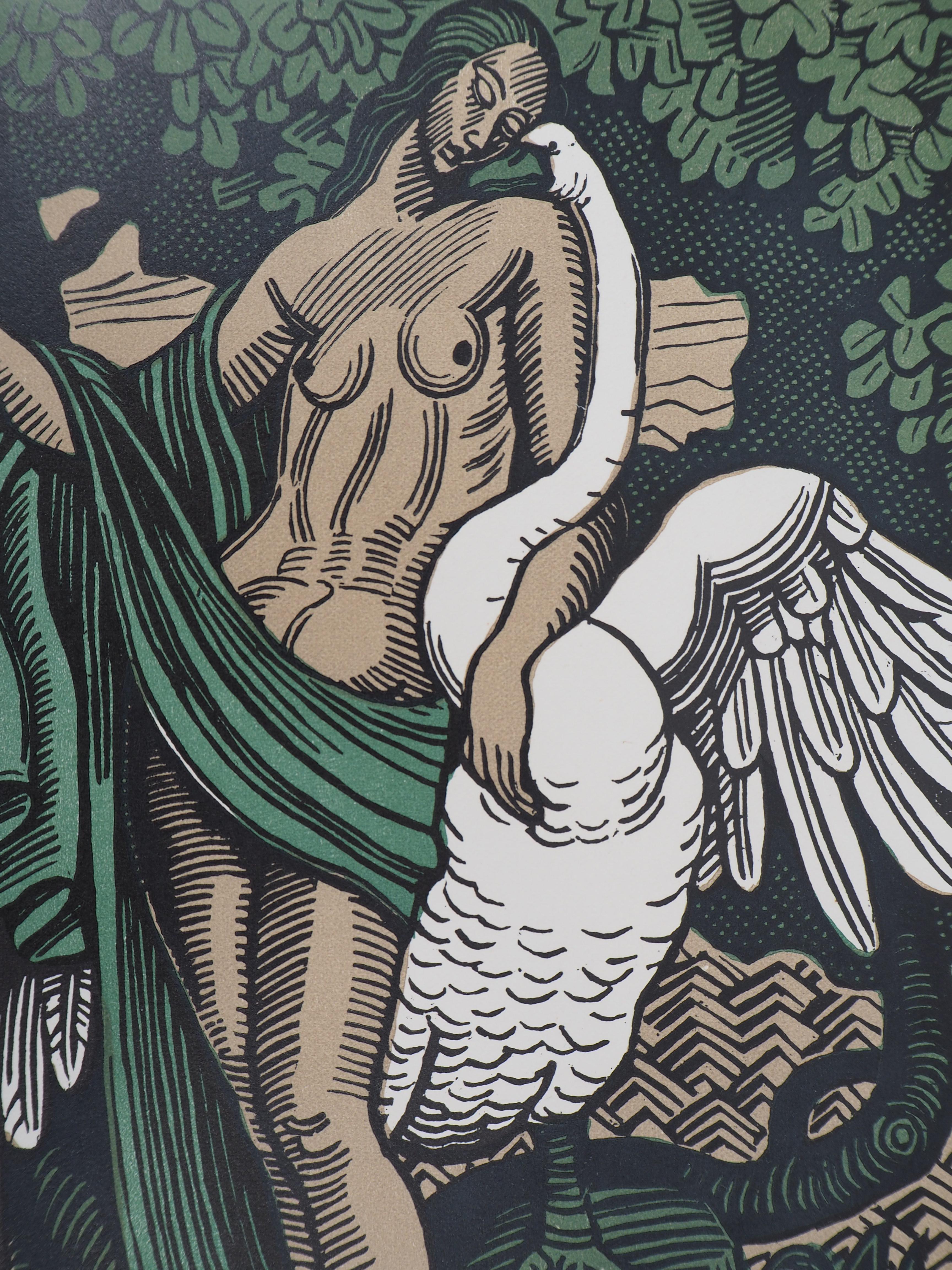 Mythology : Leda and the Swann - Original wooodcut, Handsigned & Numbered - Modern Print by Louis Bouquet