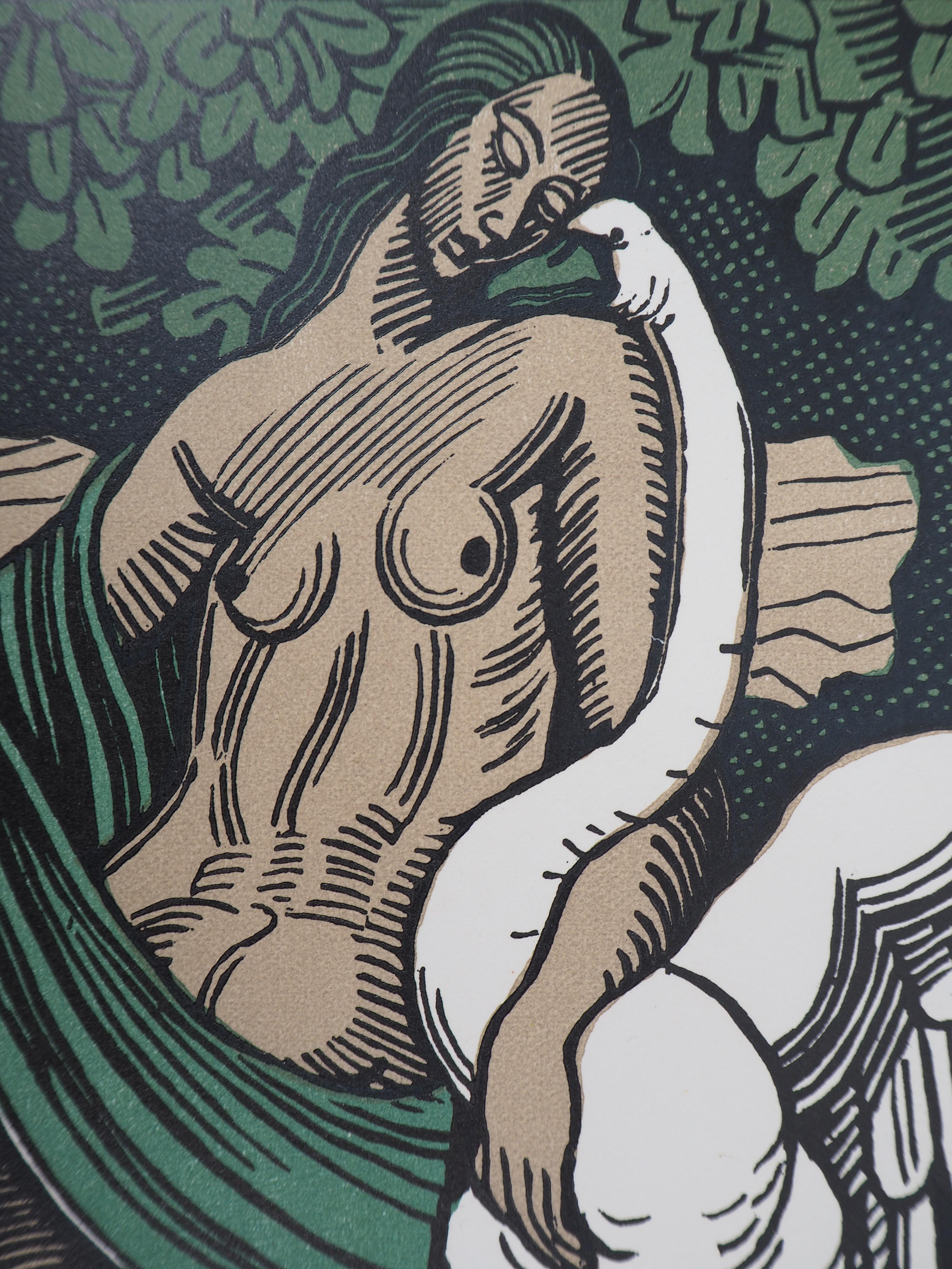 Mythology : Leda and the Swann - Original wooodcut, Handsigned & Numbered - Gray Portrait Print by Louis Bouquet
