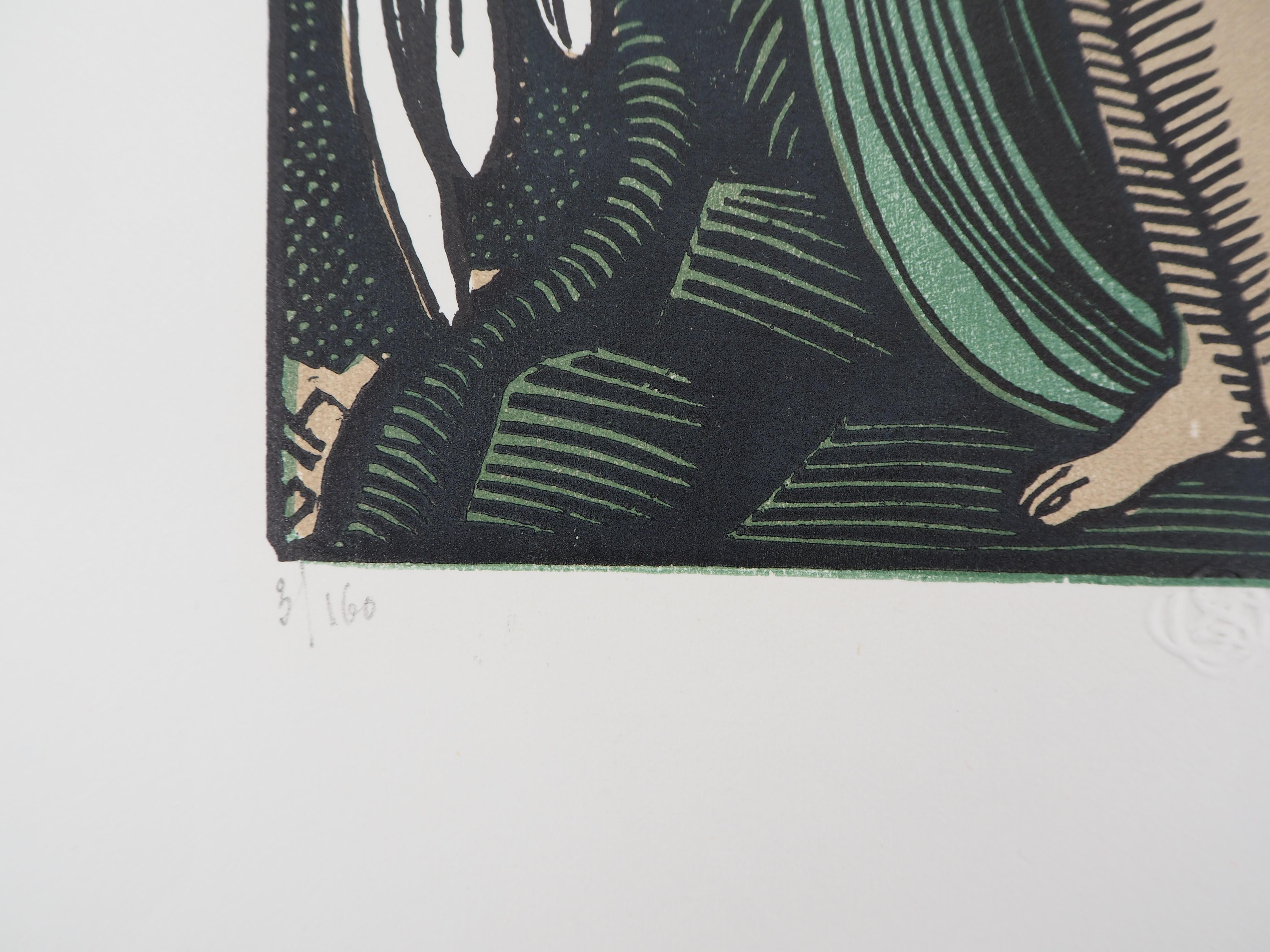 Louis BOUQUET (1885-1952)
Mythology : Leda and the Swann, 1929

Original woodcut
Handsigned in pencil
Numbered /160
On vellum 32.5 x 25.5 cm (c. 13 x 10 in)
Bears the blind stamp of the editor 'Imagier de la Gravure sur Bois' (Lugt 1140a)

Excellent