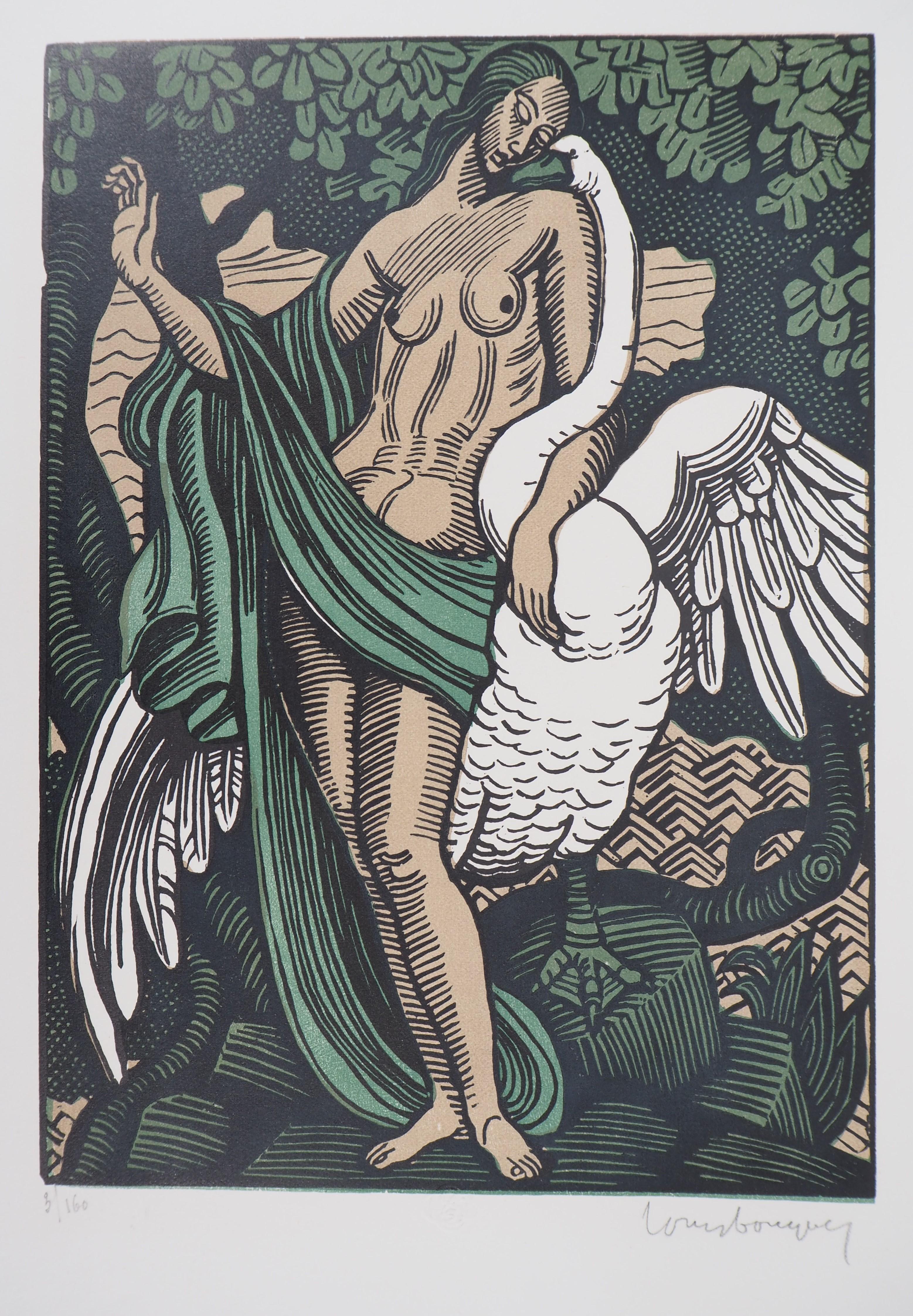 Louis Bouquet Portrait Print - Mythology : Leda and the Swann - Original wooodcut, Handsigned & Numbered
