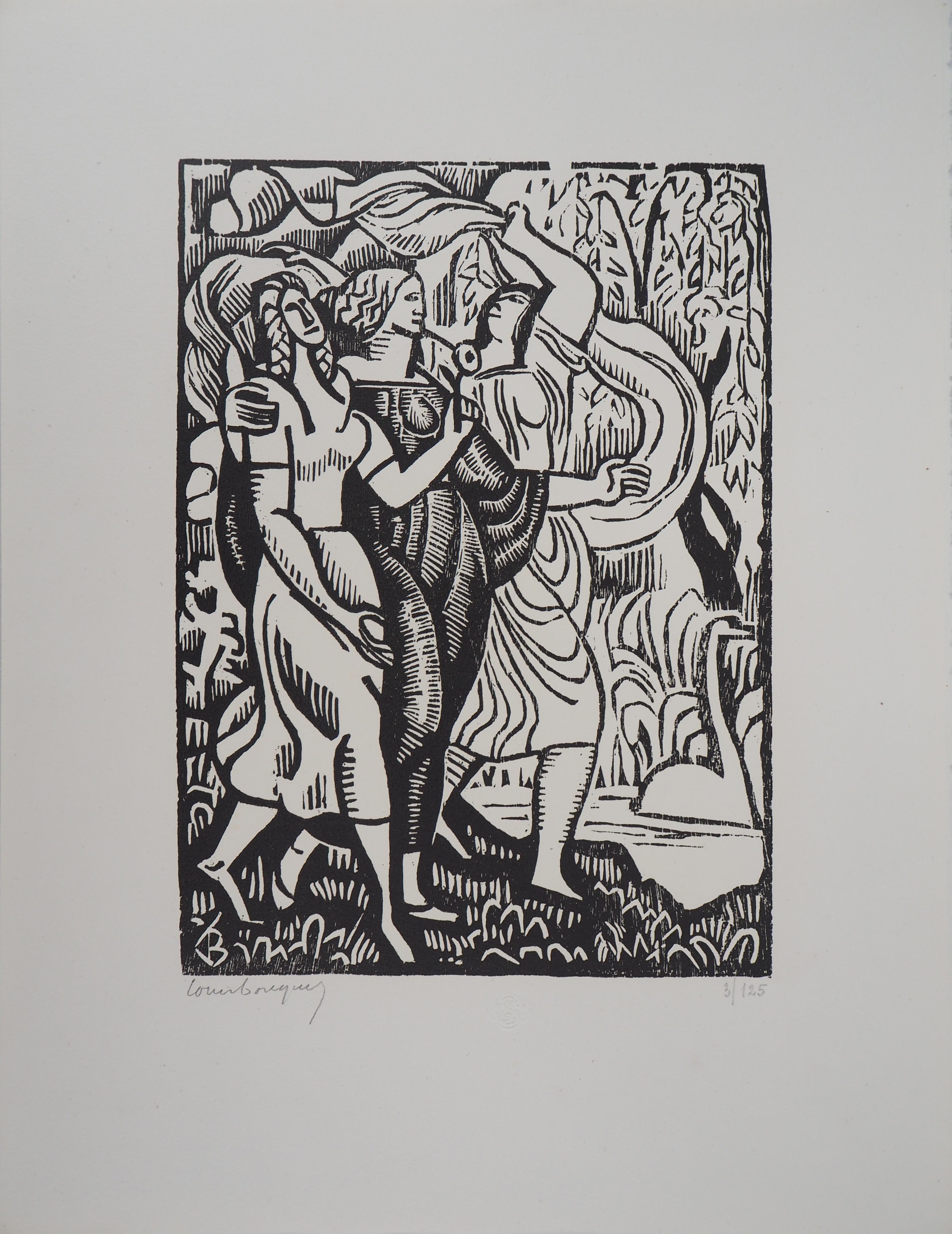 Three Cubist Women - Original wooodcut, Handsigned & Numbered - Print by Louis Bouquet