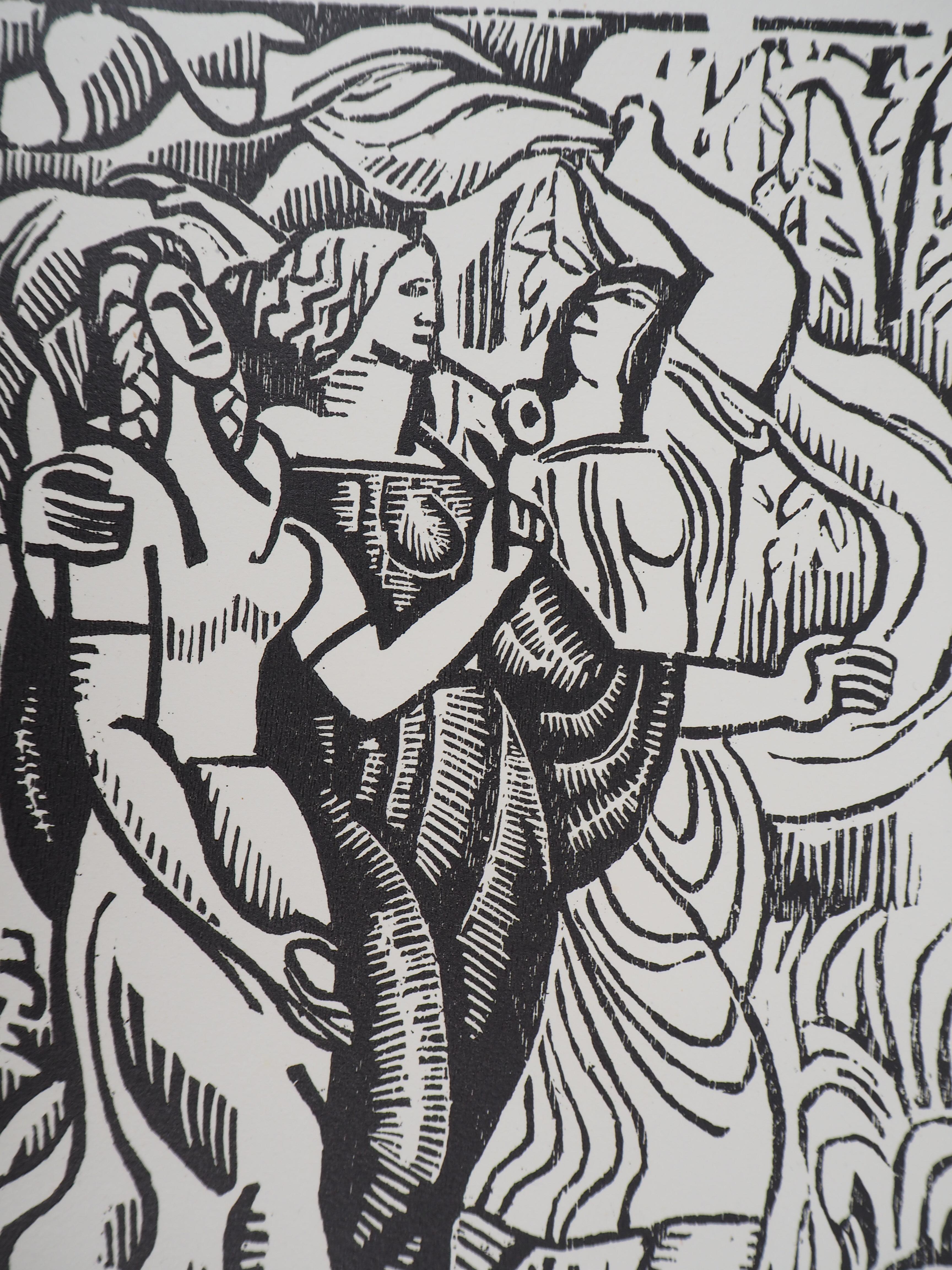 Three Cubist Women - Original wooodcut, Handsigned & Numbered - Modern Print by Louis Bouquet