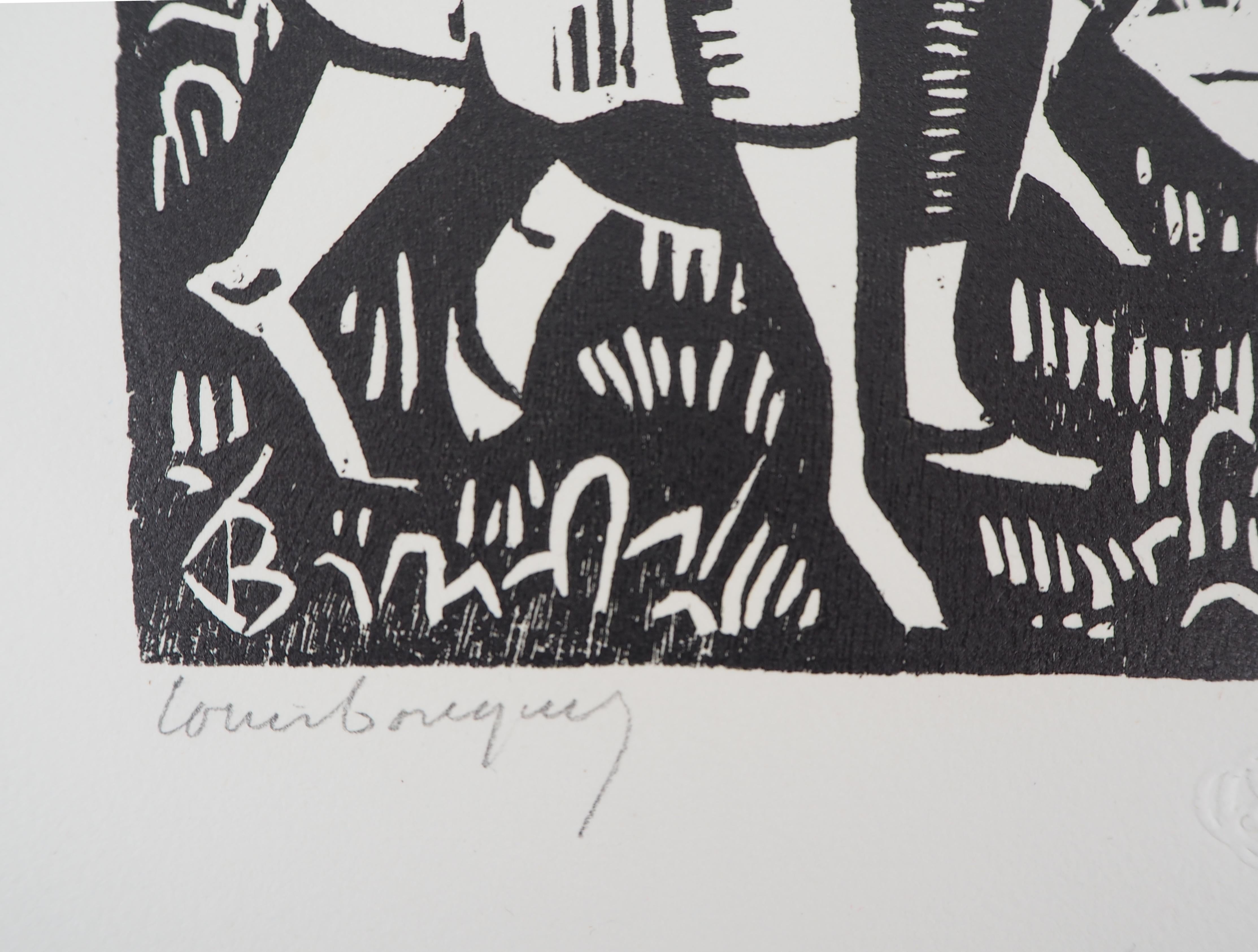 Three Cubist Women - Original wooodcut, Handsigned & Numbered - Gray Landscape Print by Louis Bouquet