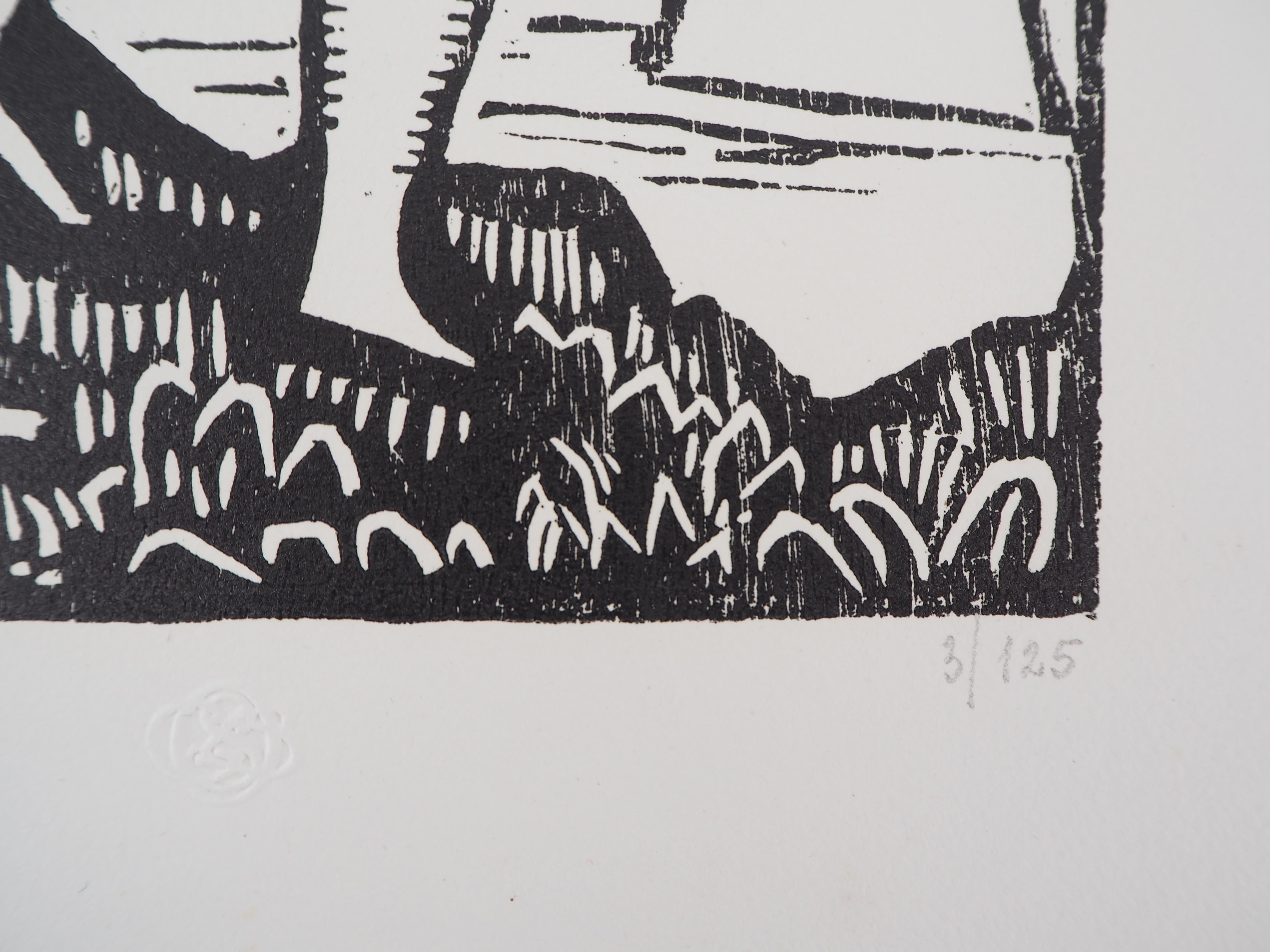 Louis BOUQUET (1885-1952)
Three Cubist Women, 1921

Original woodcut
Handsigned in pencil
Numbered /125
On vellum 32.5 x 25.5 cm (c. 13 x 10 in)
Bears the blind stamp of the editor 'Imagier de la Gravure sur Bois' (Lugt 1140a)

Excellent condition
