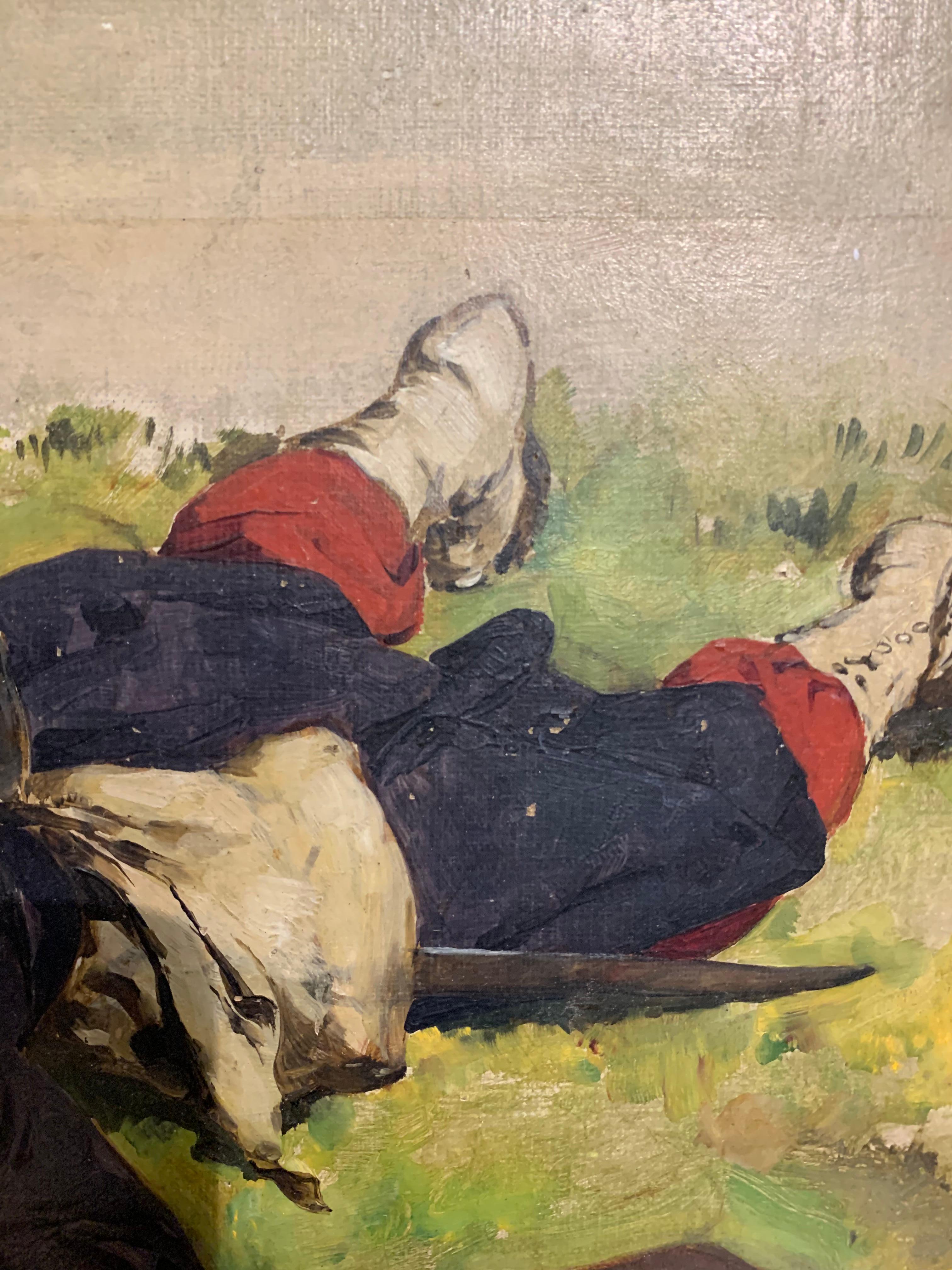 Louis Braun (1836 - 1916) - a study of a dead French soldier, ca. 1870
Technique: oil on canvas glued to cardboard.
An old adhesive label bearing the ink writing 