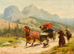 Horse-drawn carriage riding through mountain scenery -  Louis Braun (1836-1916)