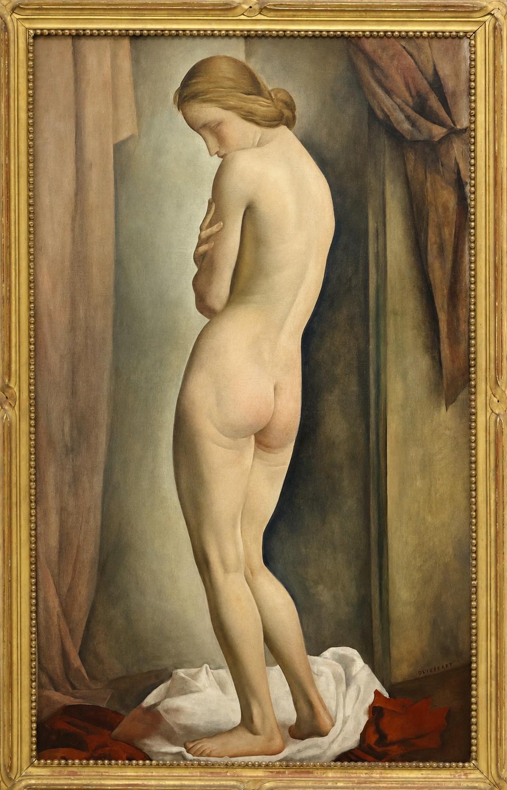 LOUIS BUISSERET circa 1930 Nude Woman Standing Interior LARGE oil/canvas BELGIAN