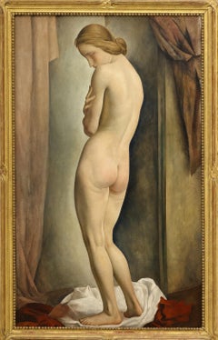 LOUIS BUISSERET circa 1930 Nude Woman Standing Interior LARGE oil/canvas BELGIAN