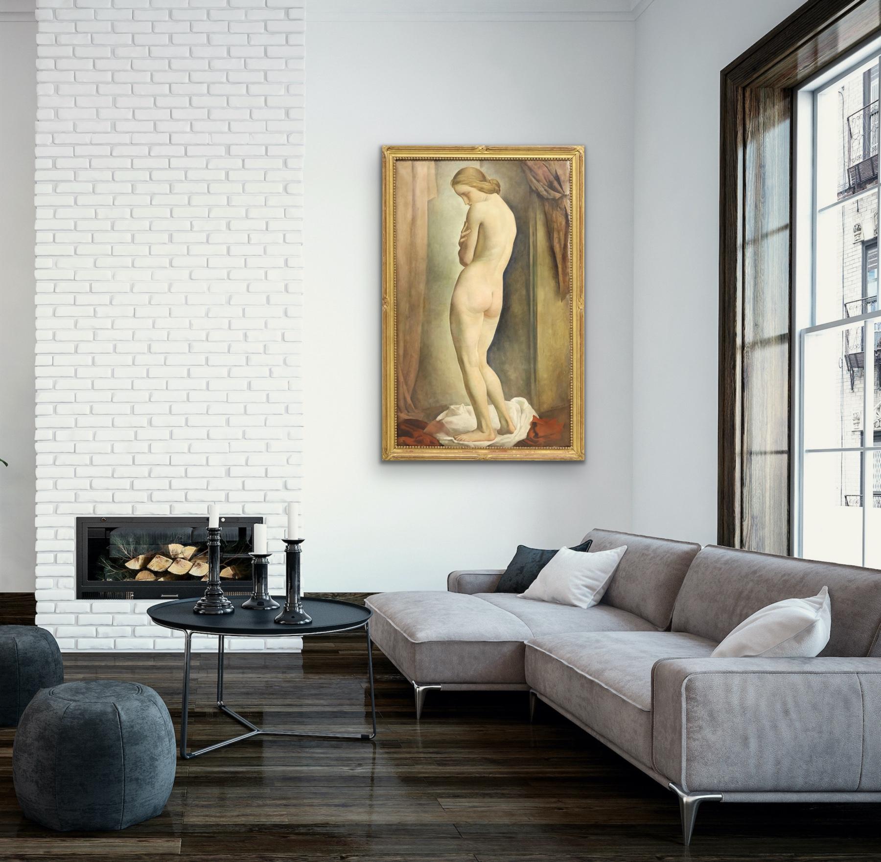 LOUIS BUISSERET circa 1930 Mujer desnuda de pie Interior GRANDE óleo/lienzo BELGA en venta 6