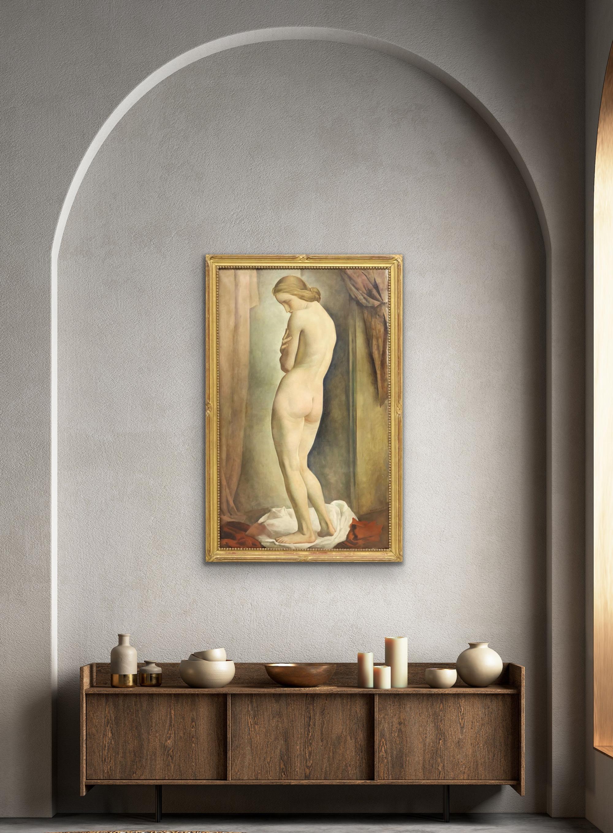 LOUIS BUISSERET circa 1930 Mujer desnuda de pie Interior GRANDE óleo/lienzo BELGA en venta 7
