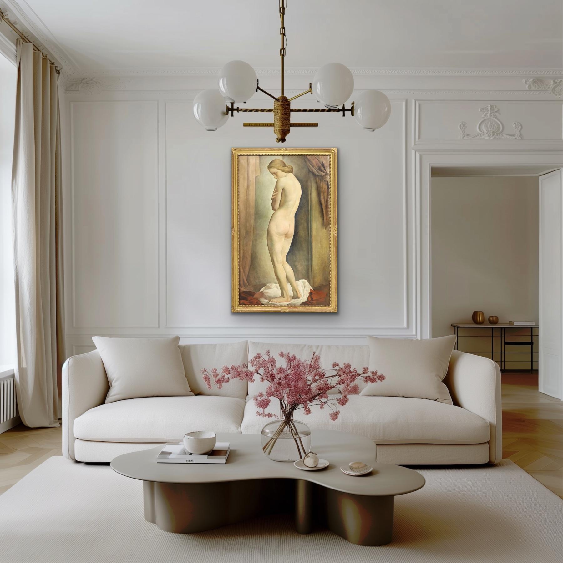 LOUIS BUISSERET circa 1930 Mujer desnuda de pie Interior GRANDE óleo/lienzo BELGA en venta 11