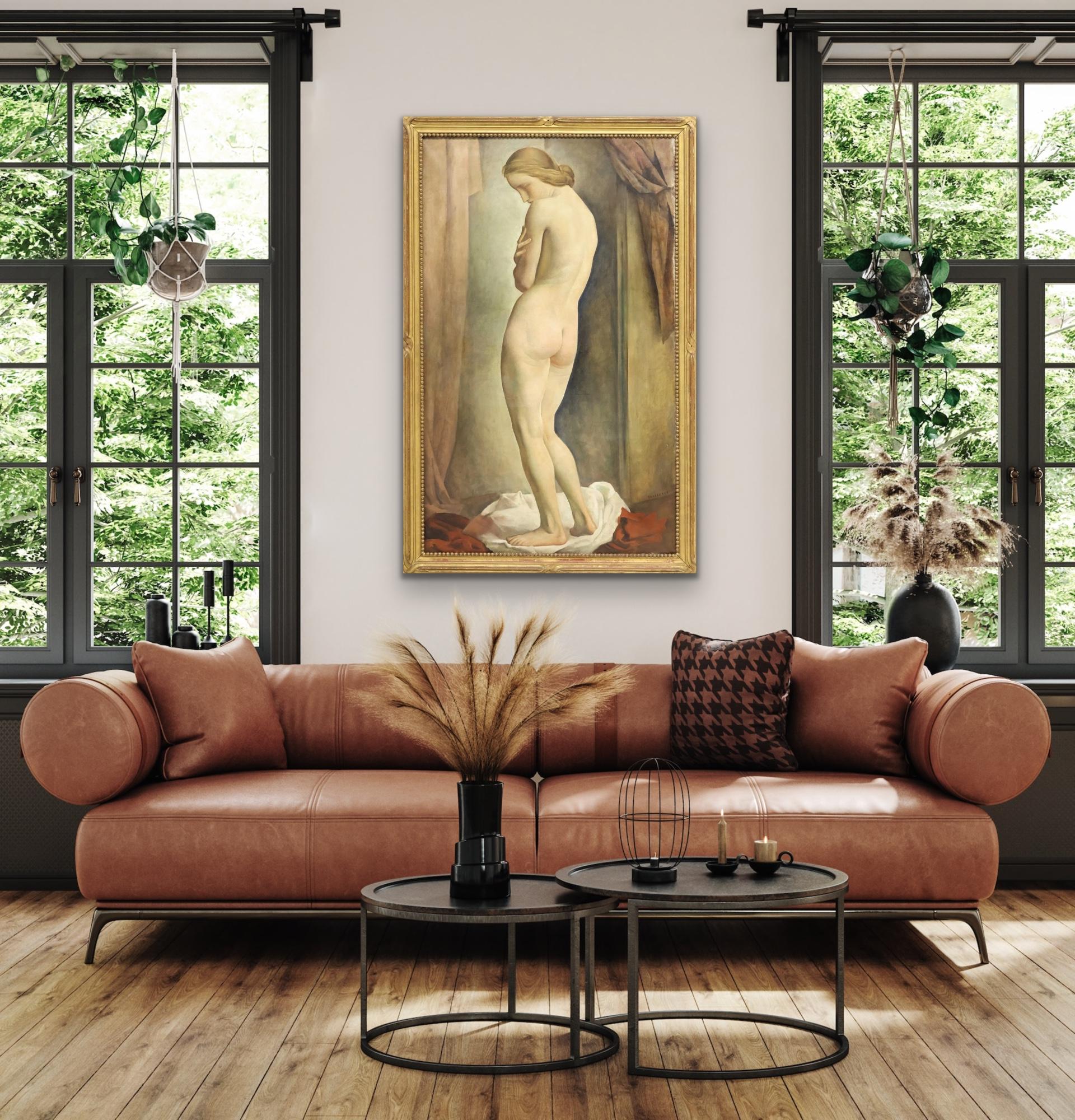 LOUIS BUISSERET circa 1930 Mujer desnuda de pie Interior GRANDE óleo/lienzo BELGA en venta 12