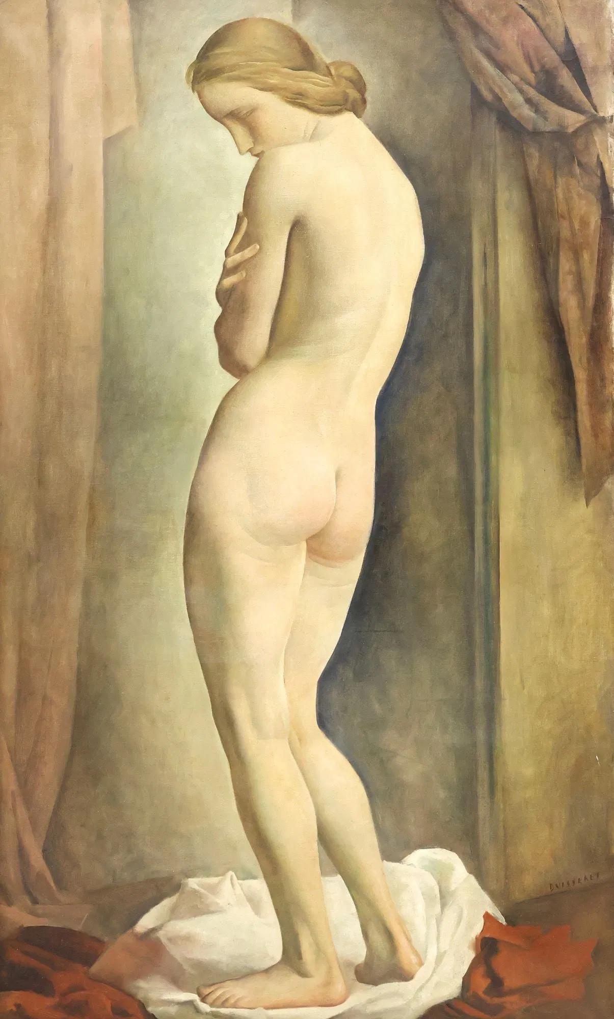 LOUIS BUISSERET circa 1930 Mujer desnuda de pie Interior GRANDE óleo/lienzo BELGA - Painting de Louis Buisseret